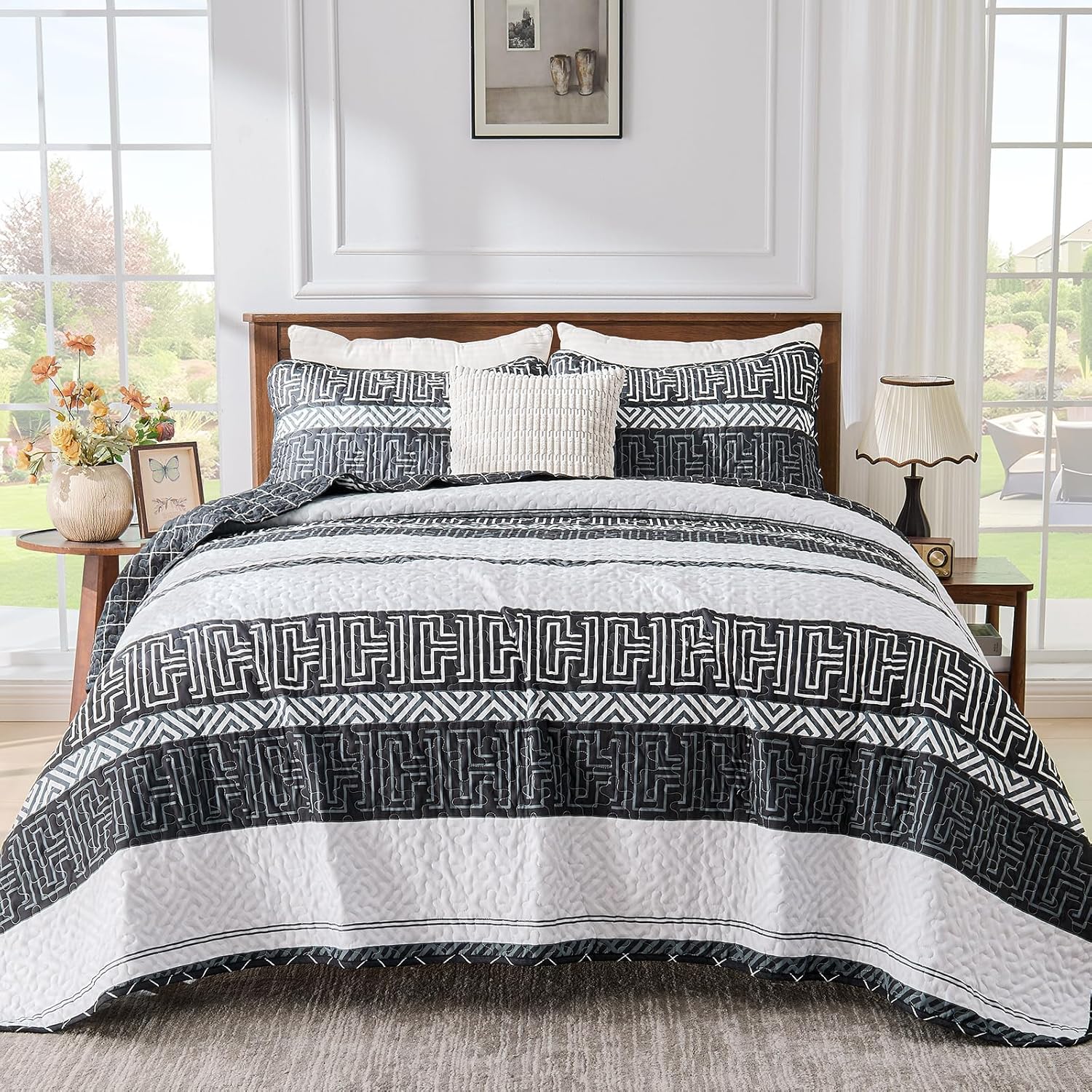 DJY Striped Quilt Set King Size 3 Pcs Black White