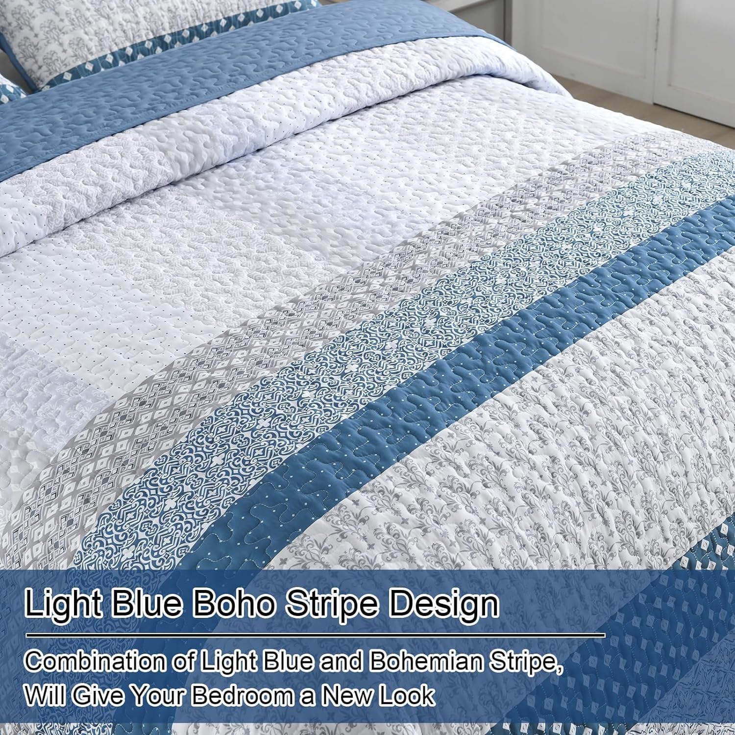 WONGS BEDDING Blue Boho Quilt Set Twin Size