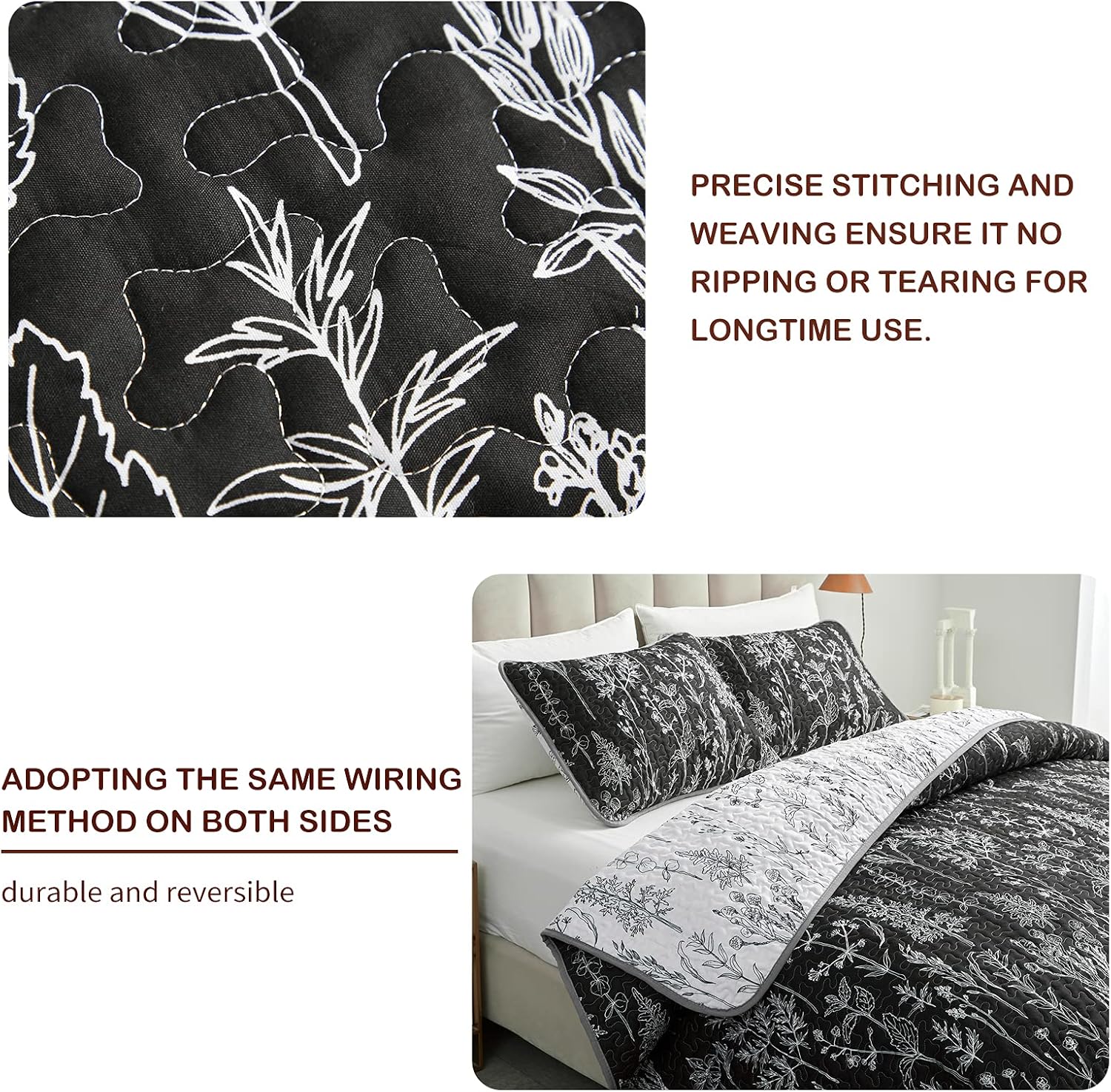 Joyreap 3 Piece Quilt Set Full Queen Black White Reversible