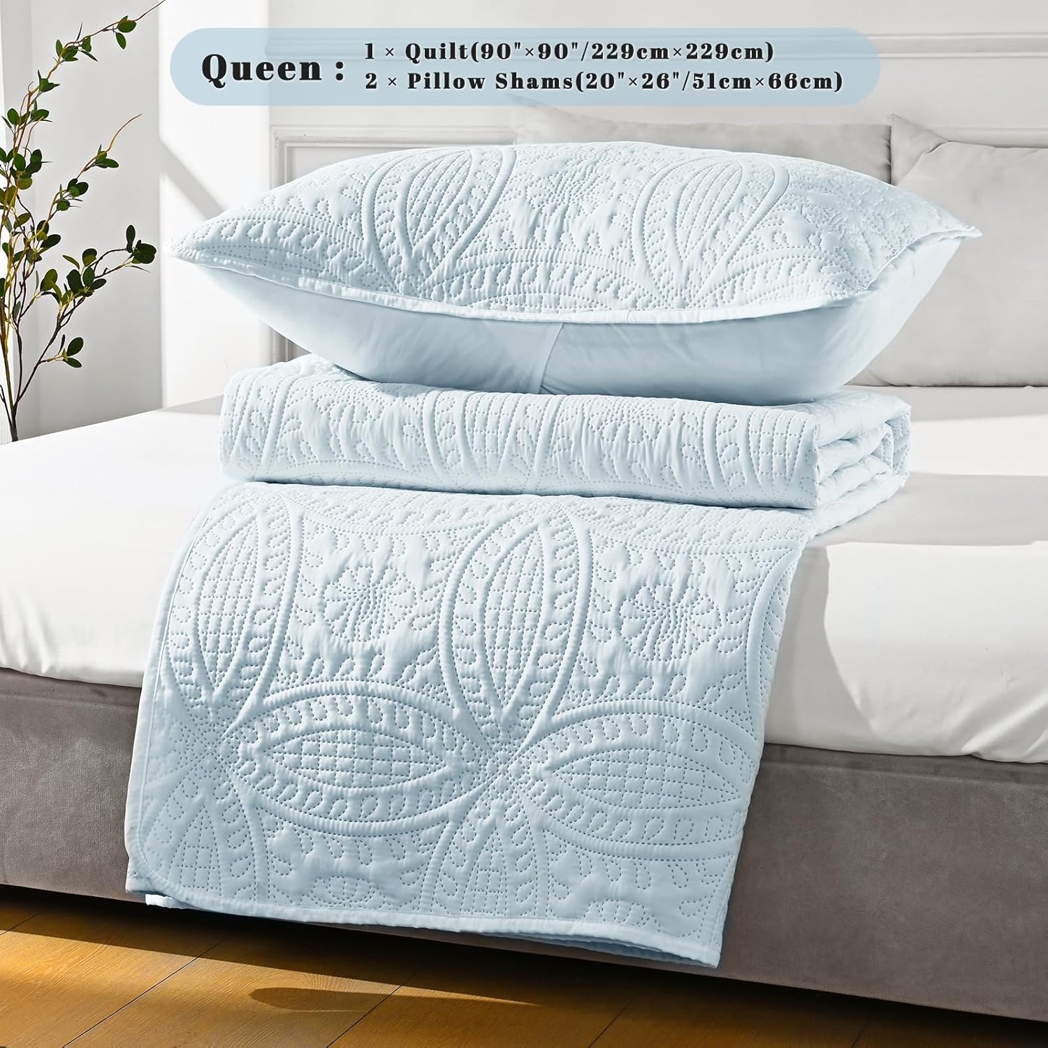 Siyaluens Light Blue Queen Quilt Set with 2 Pillow Shams