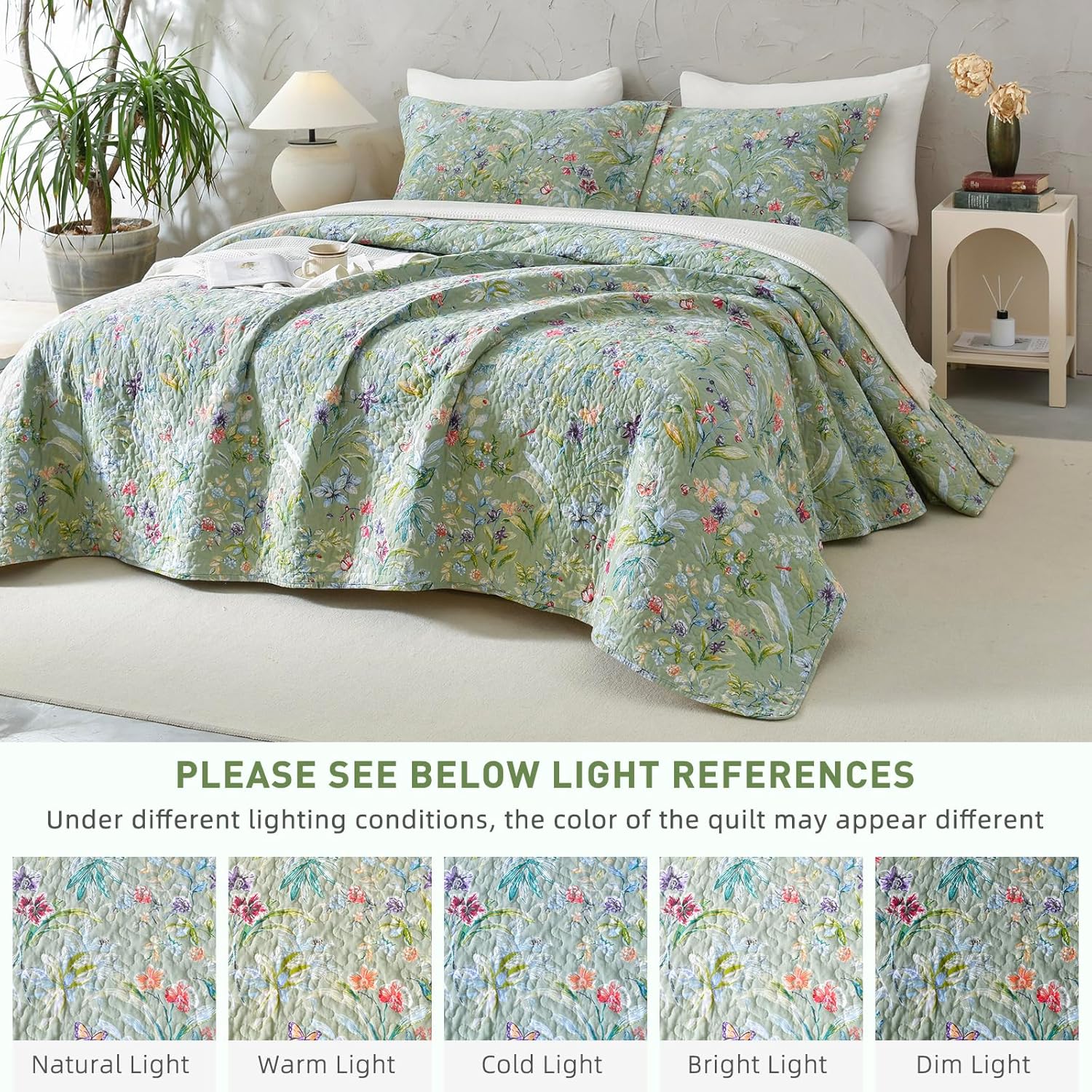 Lady Ann Green Floral 100 Cotton Queen Quilt Set