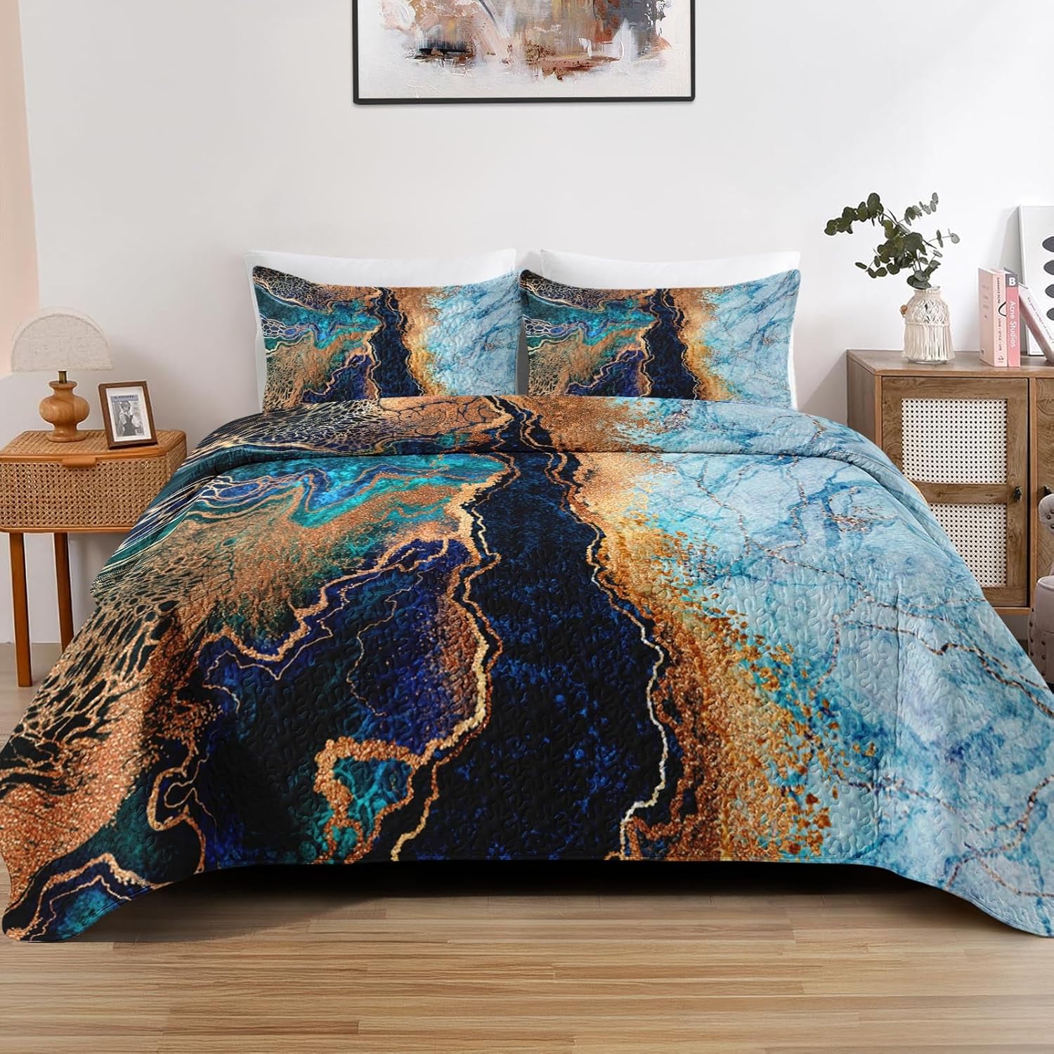 Pamnest Quilt Set Twin Size Blue Gold Marble 2 Pcs 1