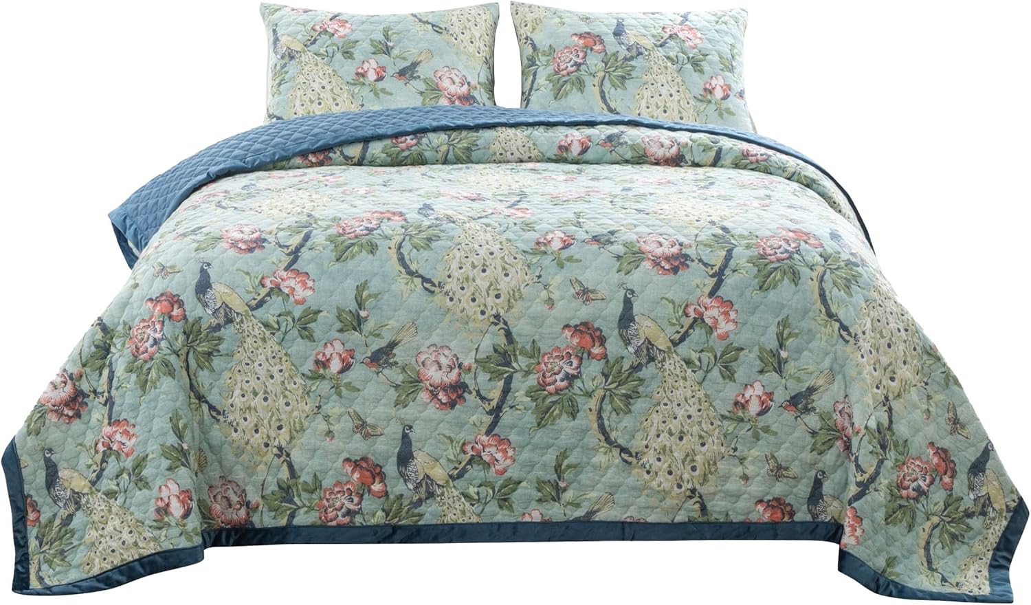 Benjara Eden Twin XL Quilt Set Peacock and Songbirds Microfiber Green and Blue