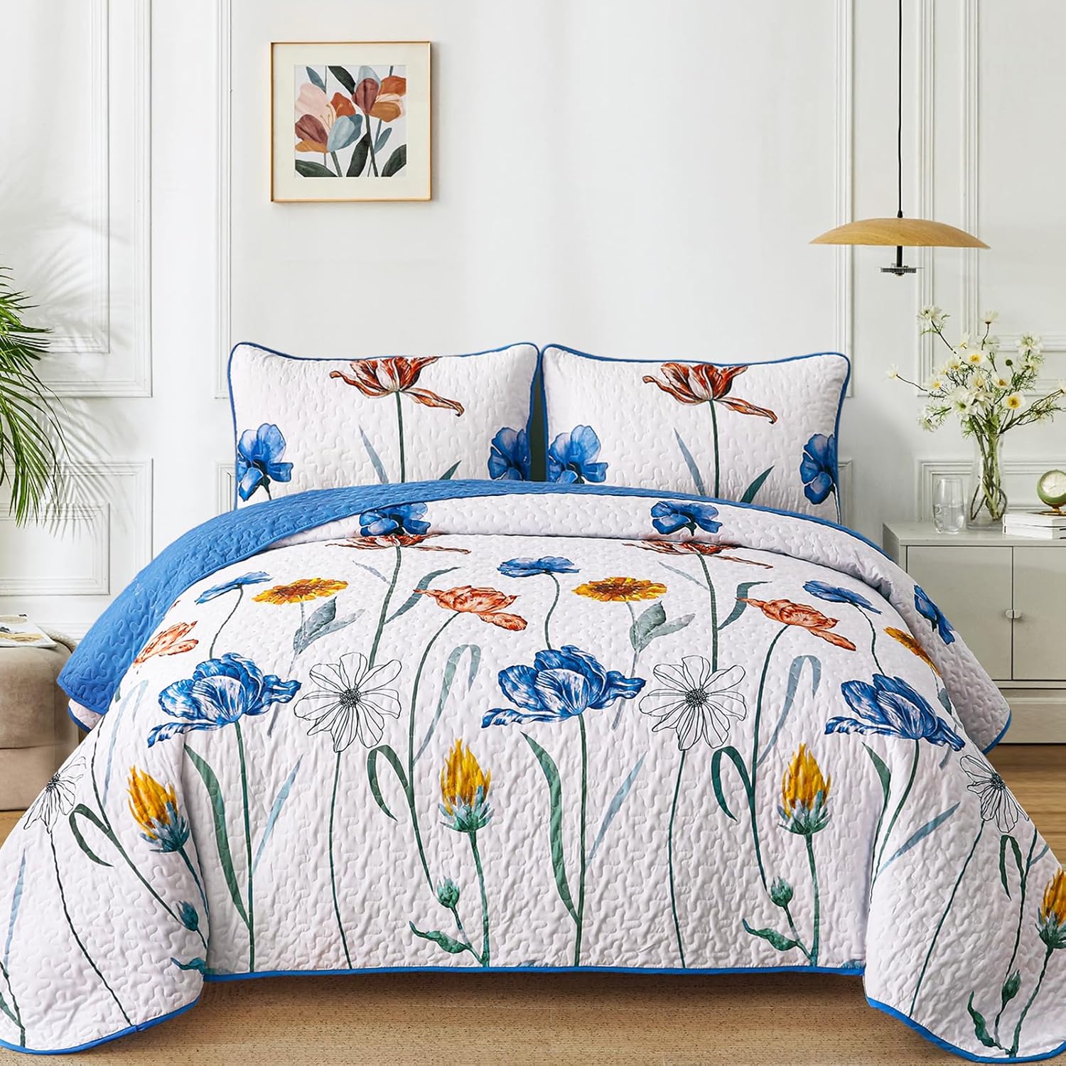 WONGS BEDDING Blue Floral Quilt Set King Size