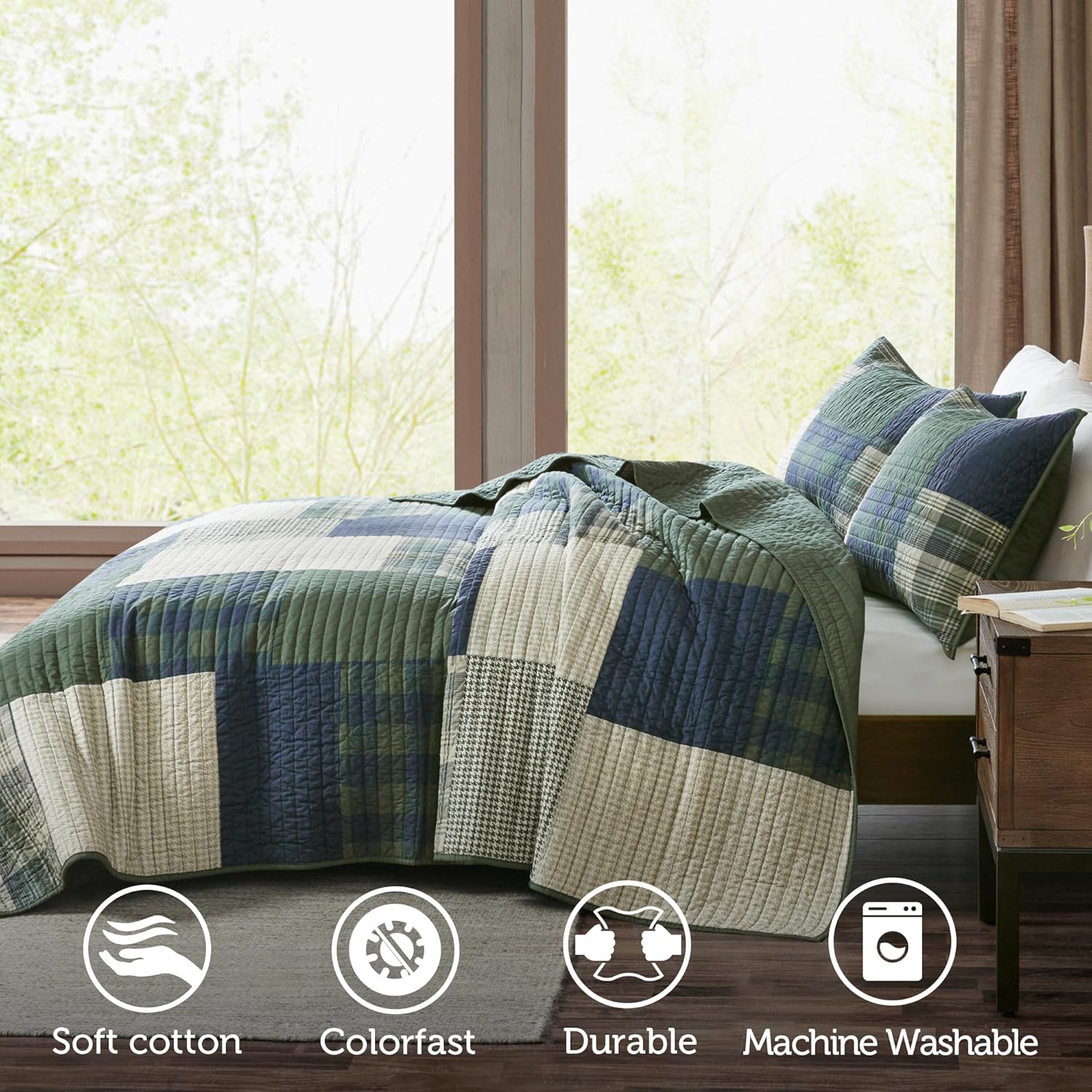 Woolrich Quilt Set - Patchwork Channel Quilting 2 Piece Twin XL Green