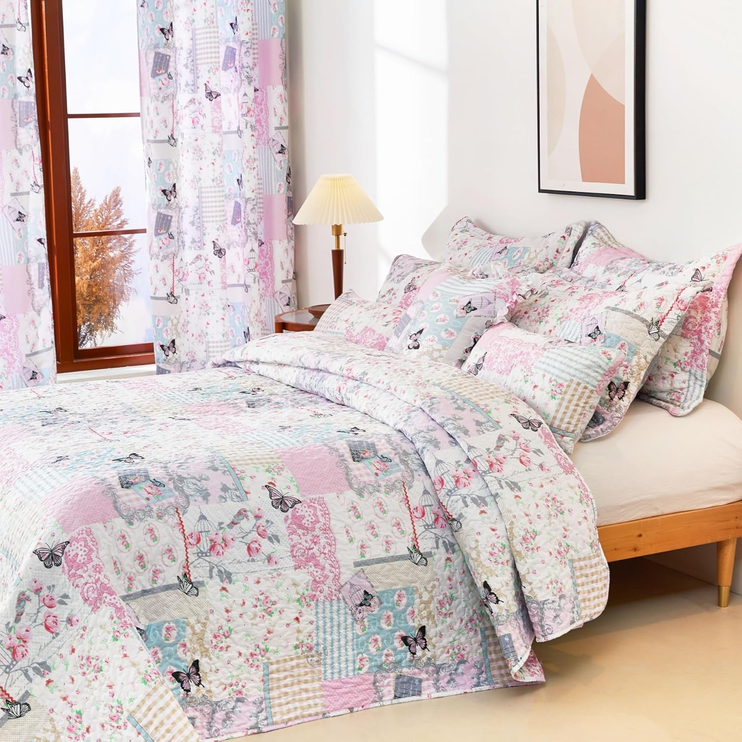 Cmfshape Reversible Quilt Set Pink Butterfly Twin