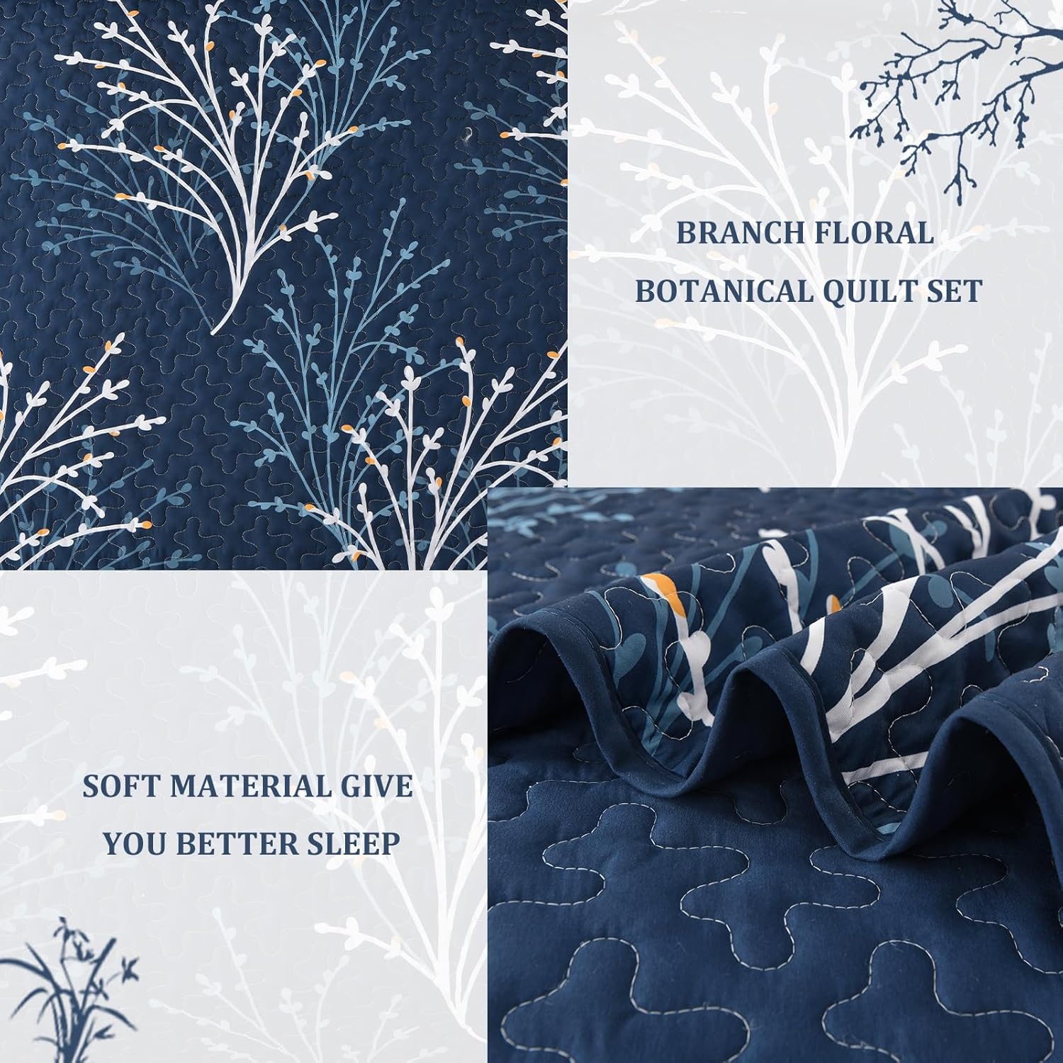 Navy Queen Quilt Set with Reversible Floral Design