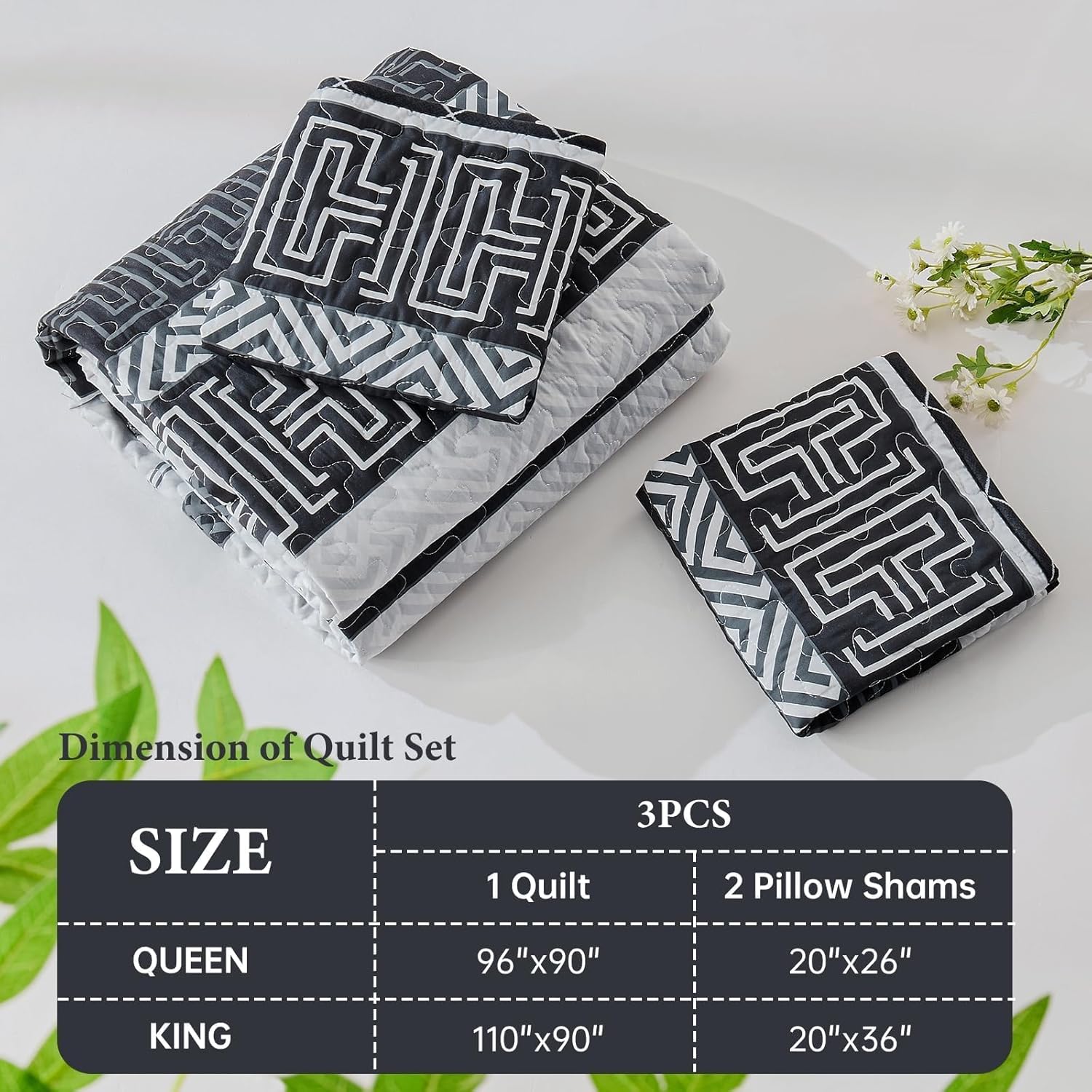 DJY Striped Quilt Set King Size 3 Pcs Black White