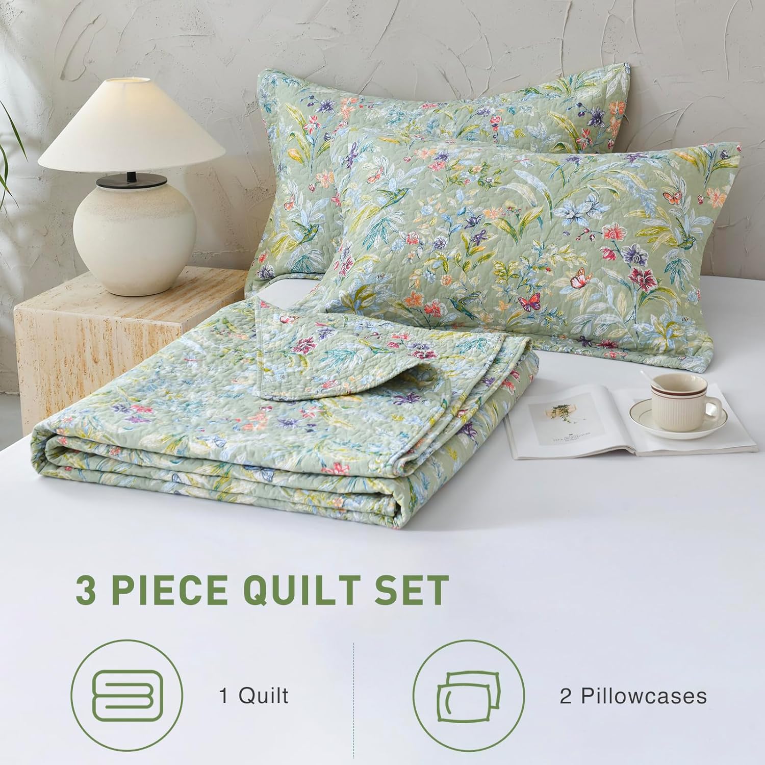 Lady Ann Green Floral 100 Cotton Queen Quilt Set