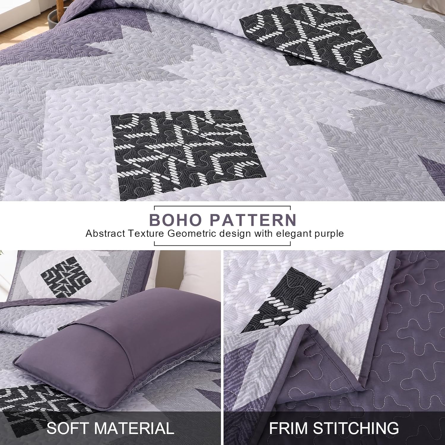 Dintszyayue Boho Quilt Set Queen 3 Pieces Purple Aztec