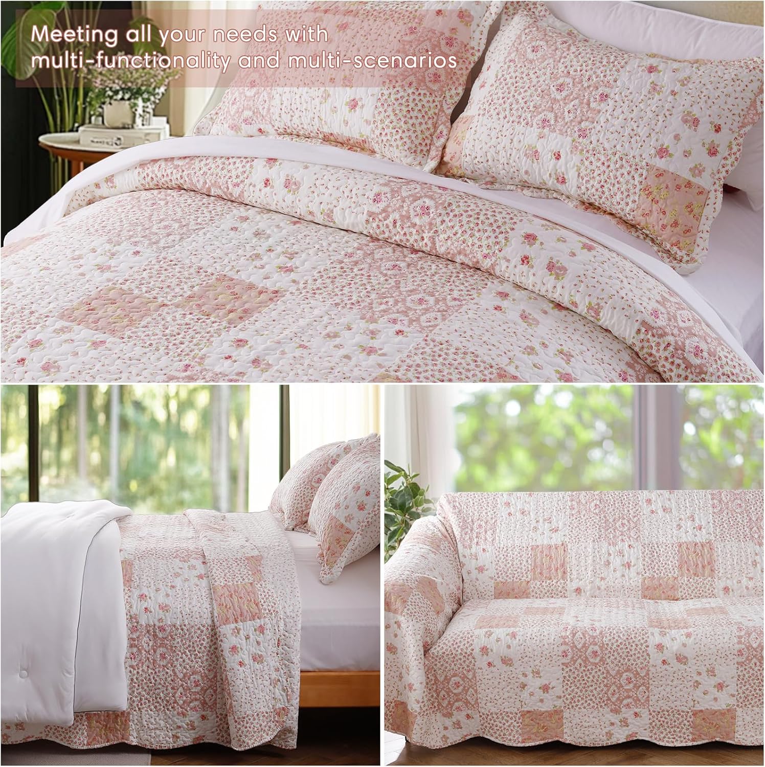 KASENTEX Twin Quilt Set 86x68 Pink Floral Patchwork