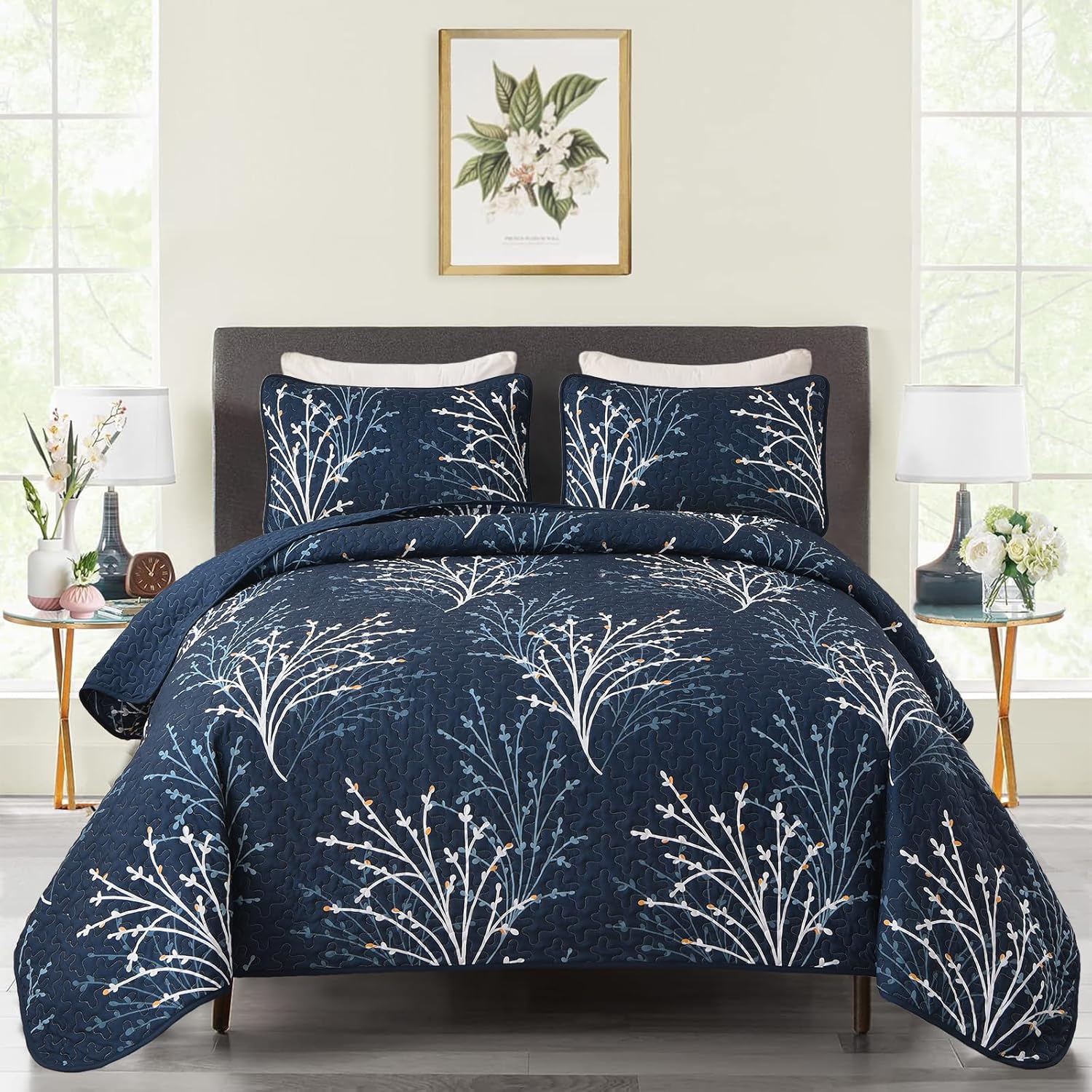 Navy Queen Quilt Set with Reversible Floral Design