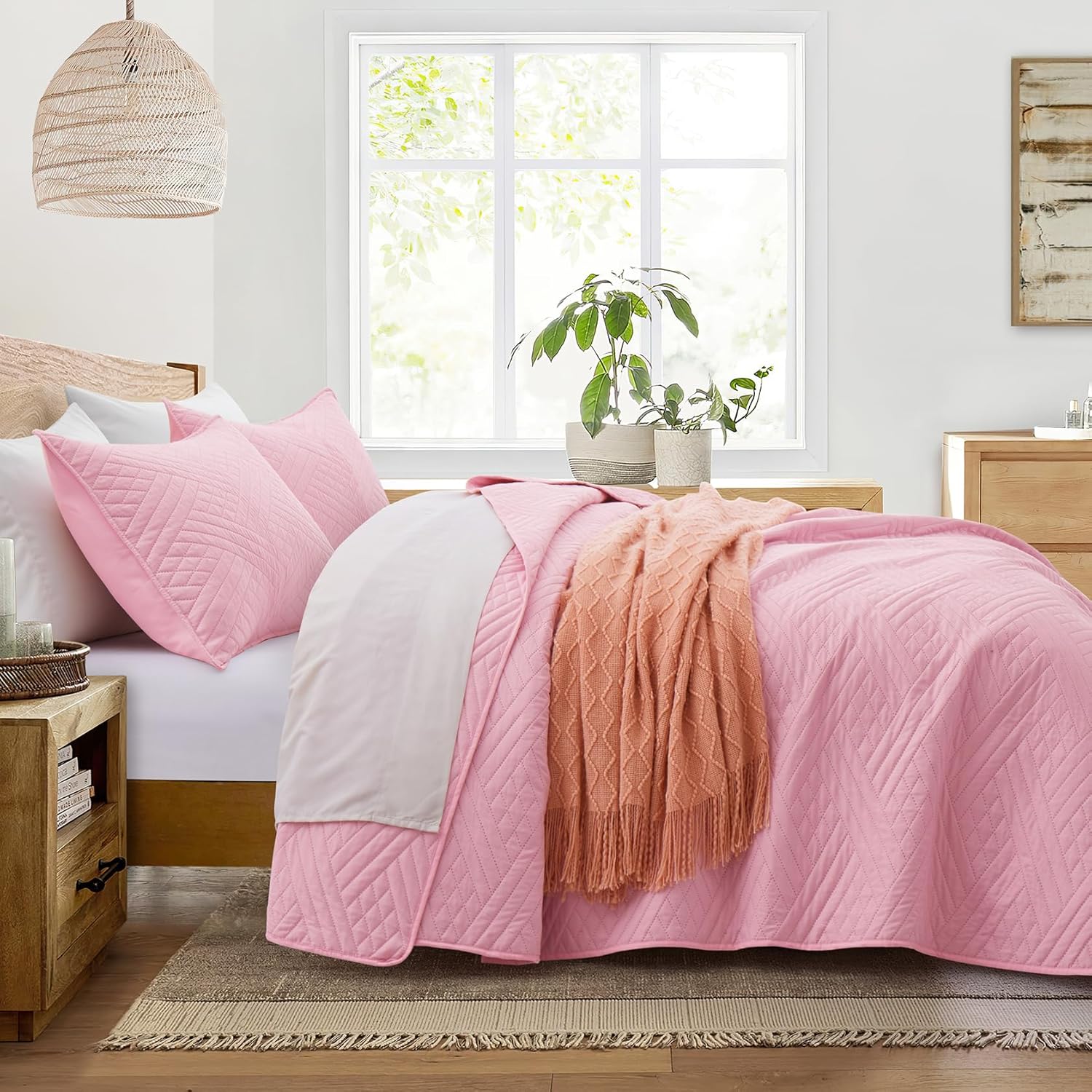 Lavsiry Pink Striped Quilt Set for California King Bed