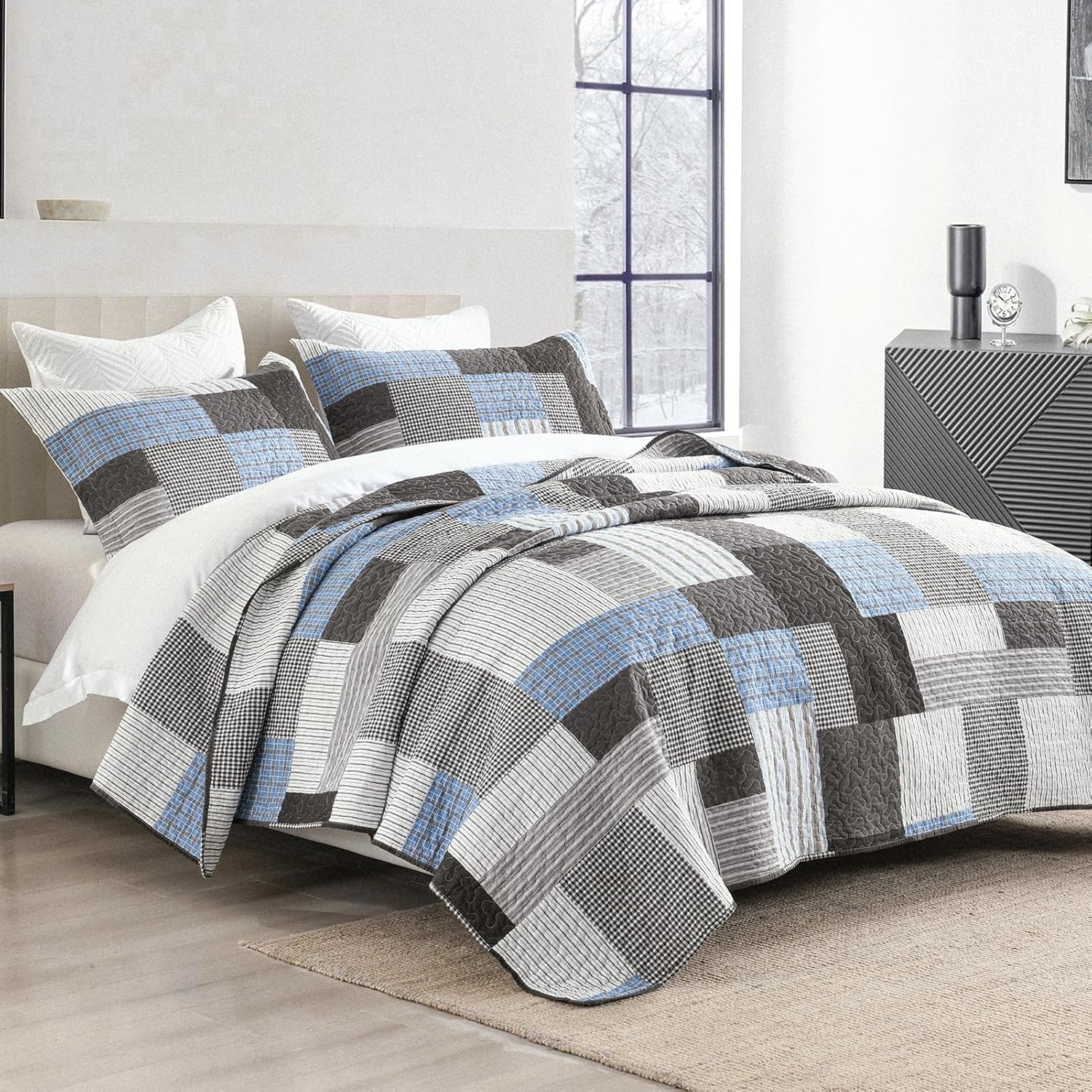 SahSahCasa King Size Quilt Set 3Pcs Taupe Blue White
