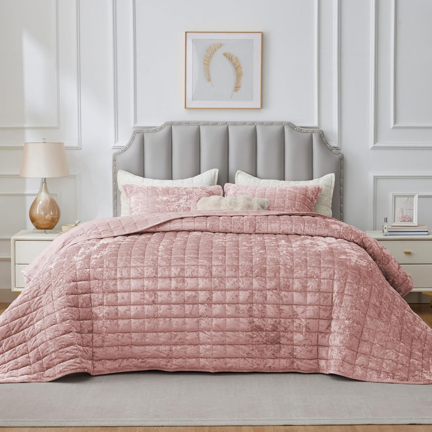 BEDELITE Velvet Quilt Set Queen - 3 Piece Luxury Dusty Pink Comforter Bedding