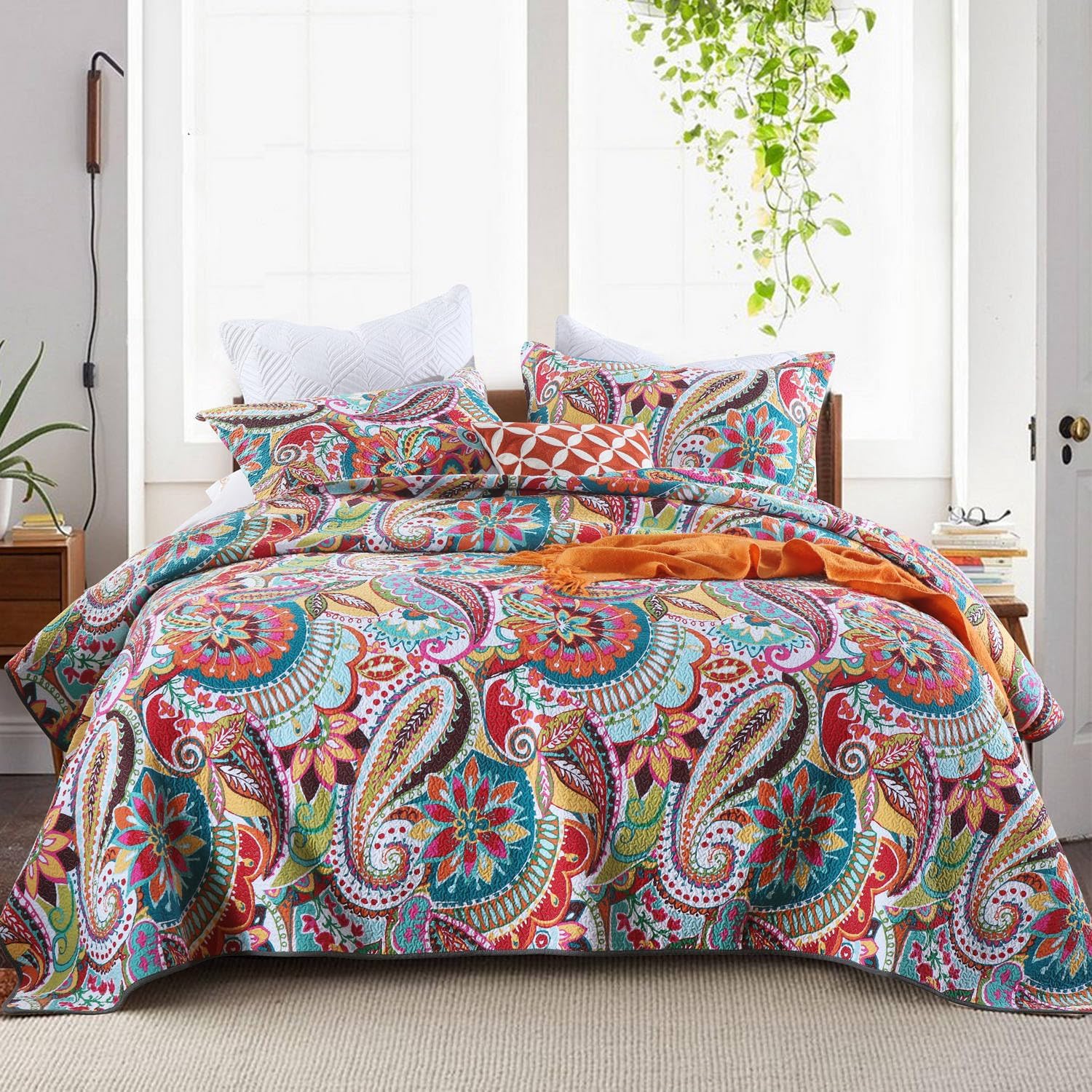 Qucover Cotton Twin Quilt Set with Paisley Pattern