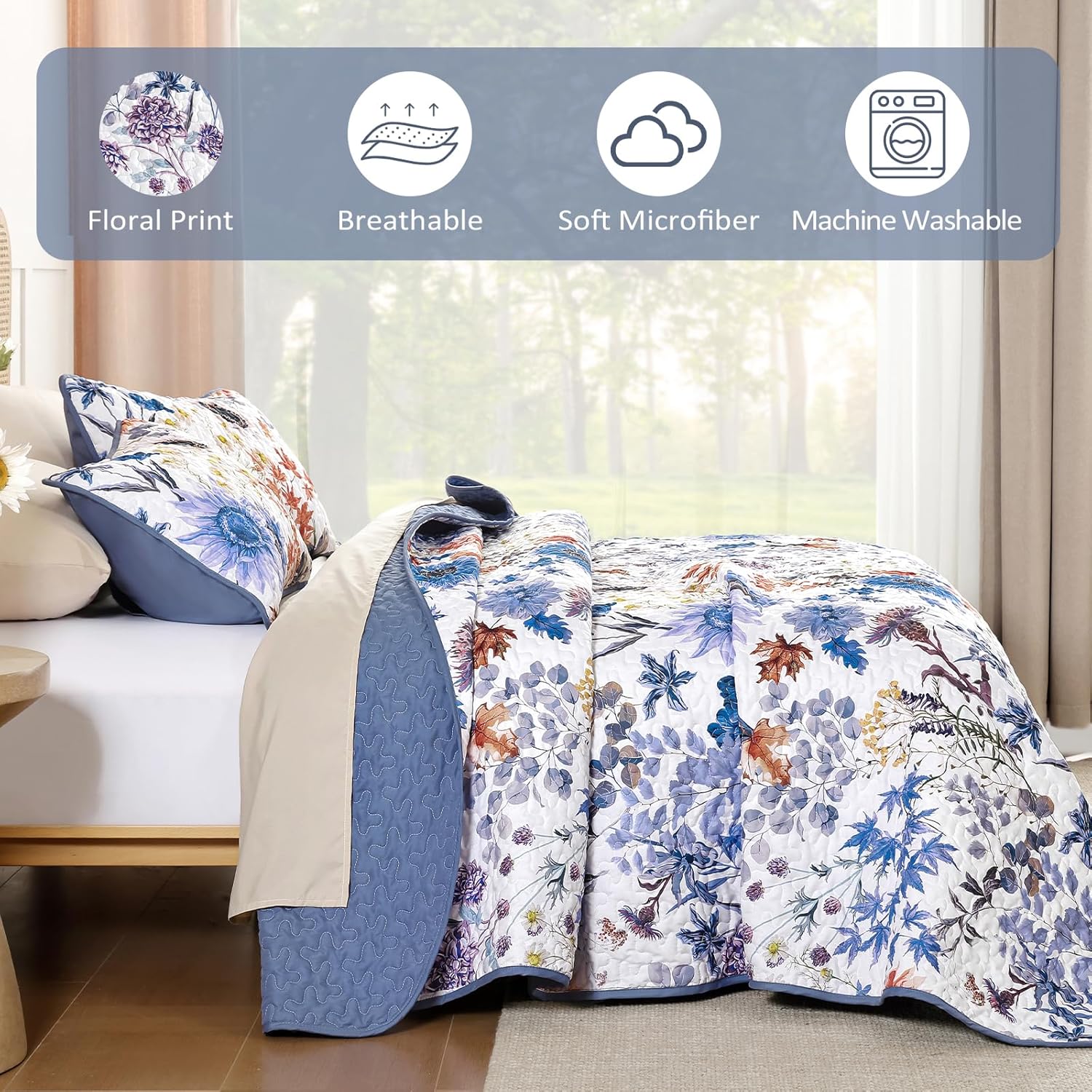 Yiran Blue Floral Queen Quilt Set 3-Piece