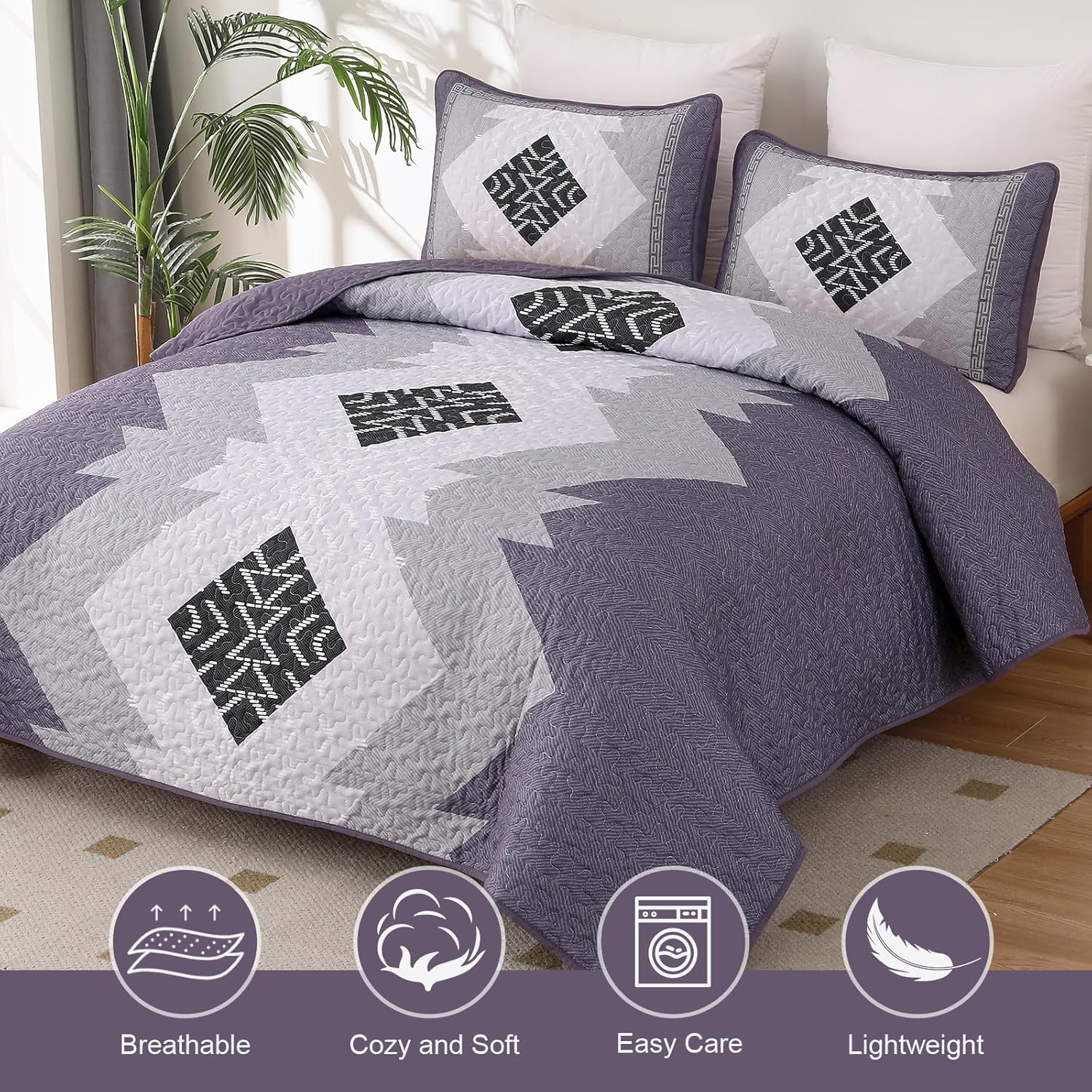 Dintszyayue Boho Quilt Set Queen 3 Pieces Purple Aztec
