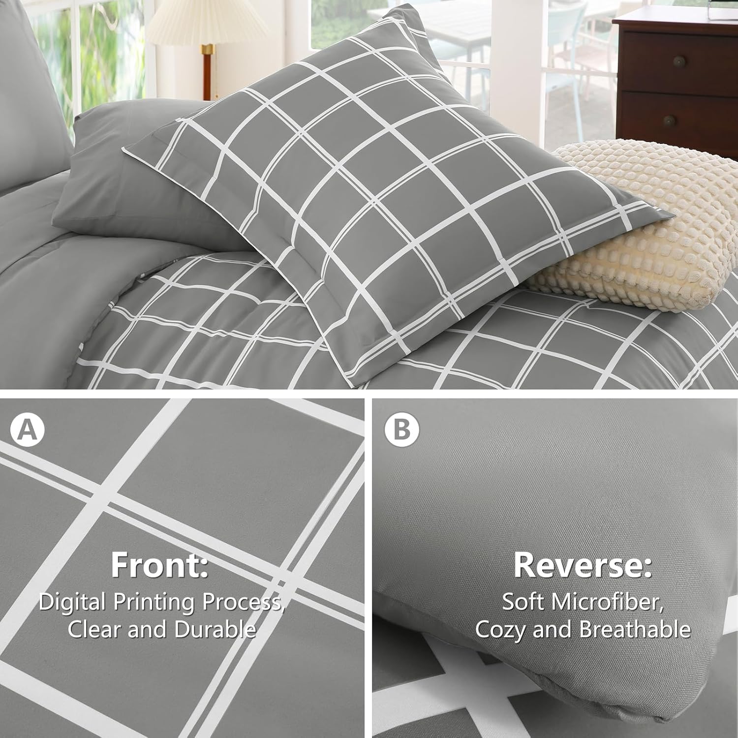 CozyLux Twin XL Plaid Comforter Set Grey 1