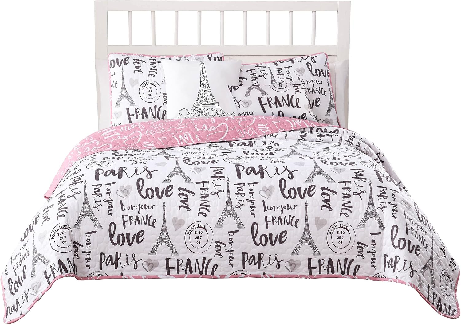 5-Piece Quilt Set King Bonjour Paris PinkWhiteBlack