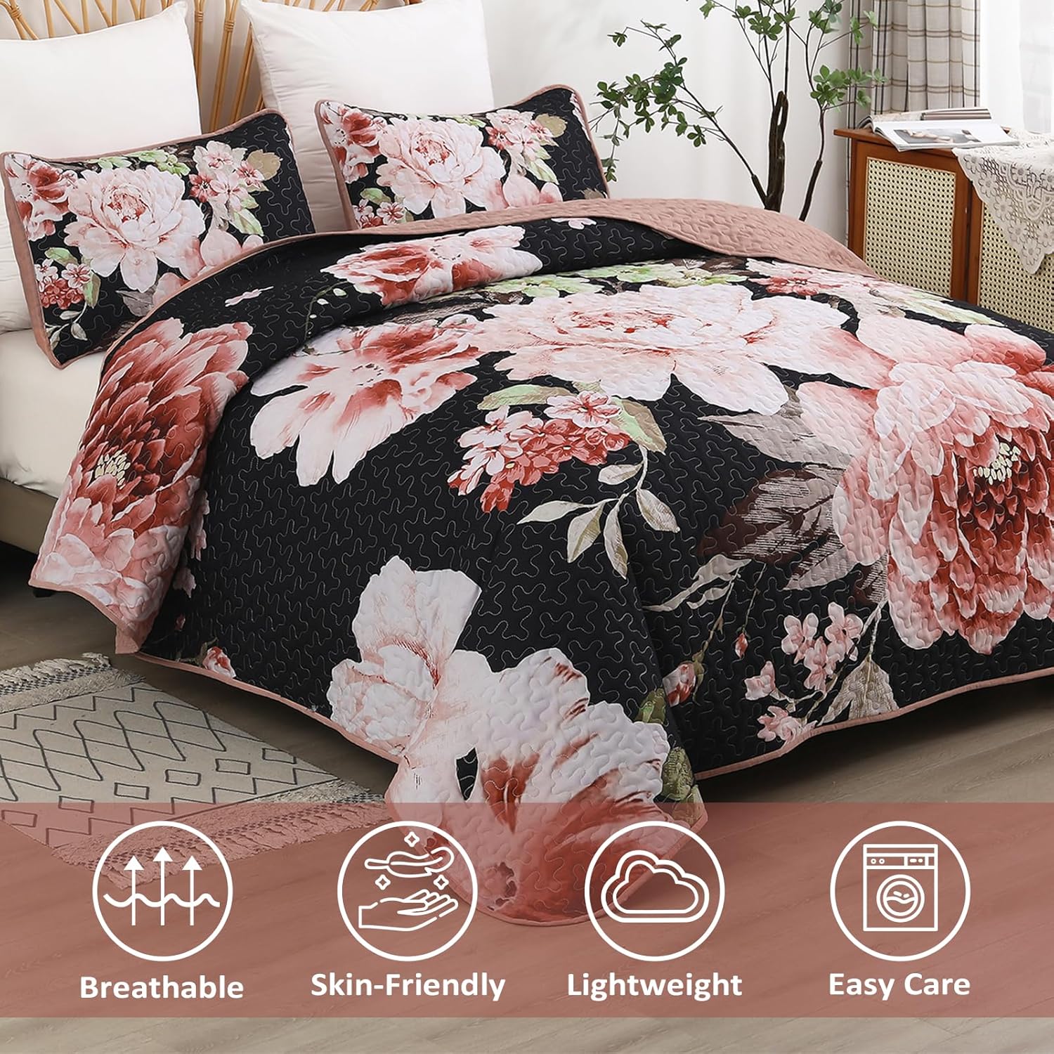 WONGS BEDDING Black Floral Queen Quilt Set 3 Piece