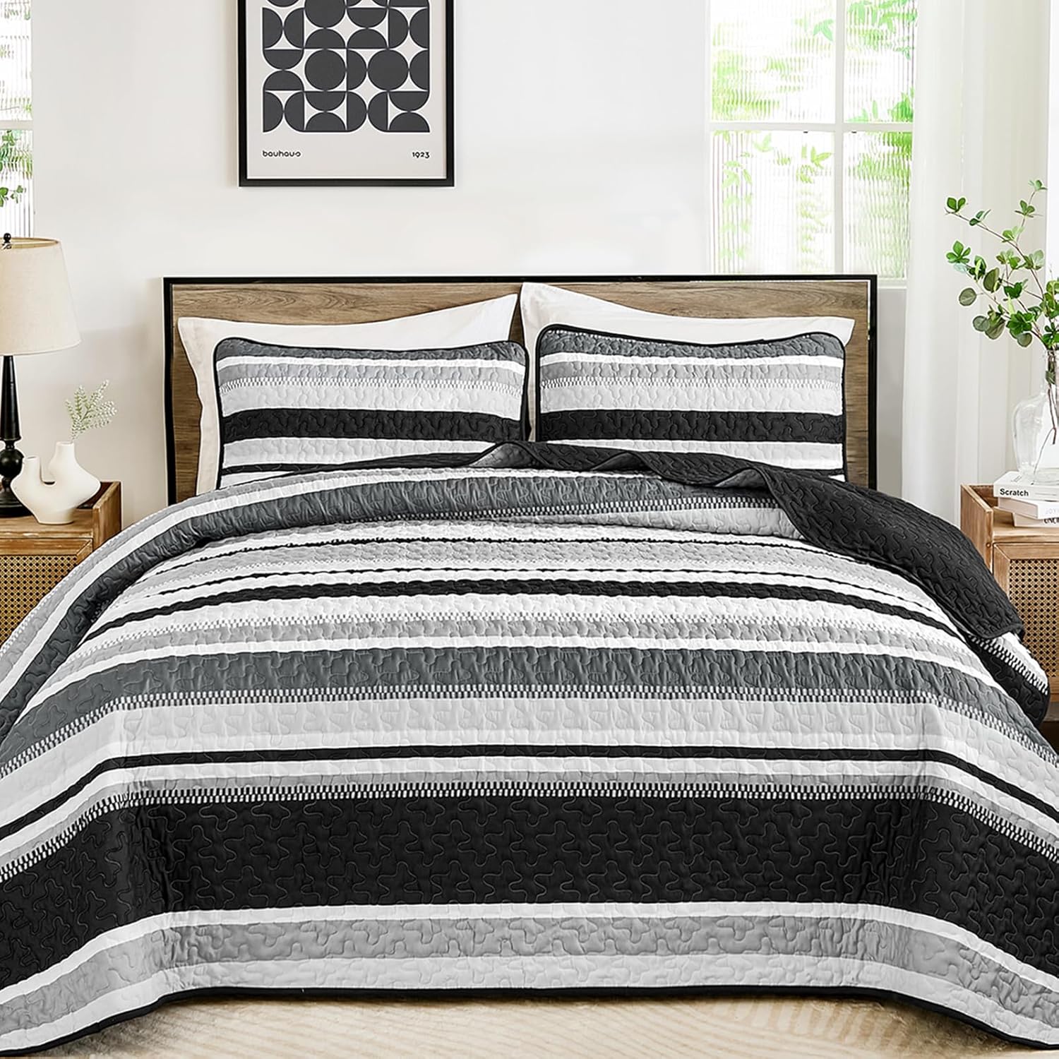 Wongs Bedding King Quilt Set 3 Pieces Black Striped Bedspread Coverlet with Shams
