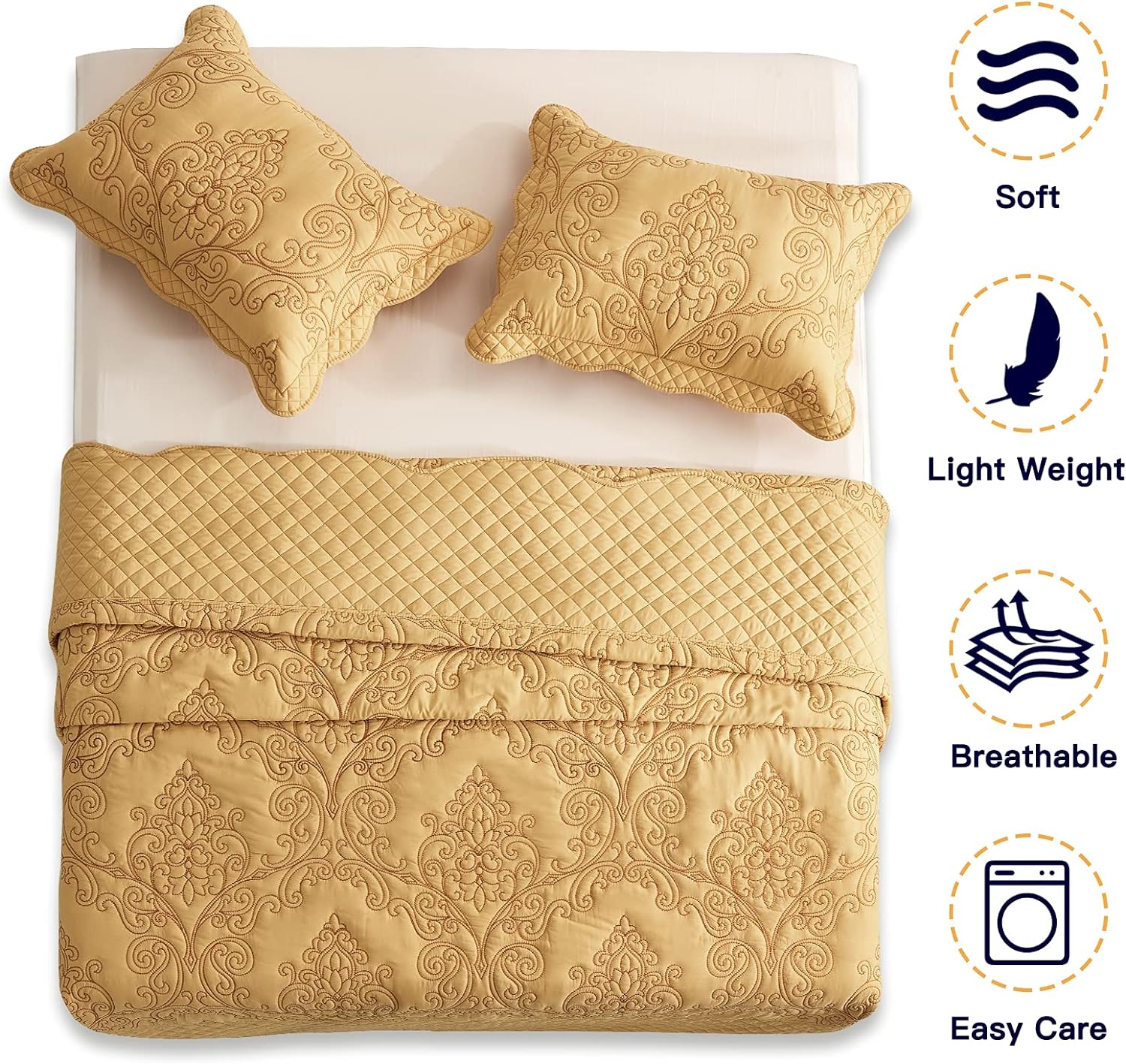 CHIXIN Oversized King Bedspread Coverlet Set - Honey-Gold Damask Paisley Pattern