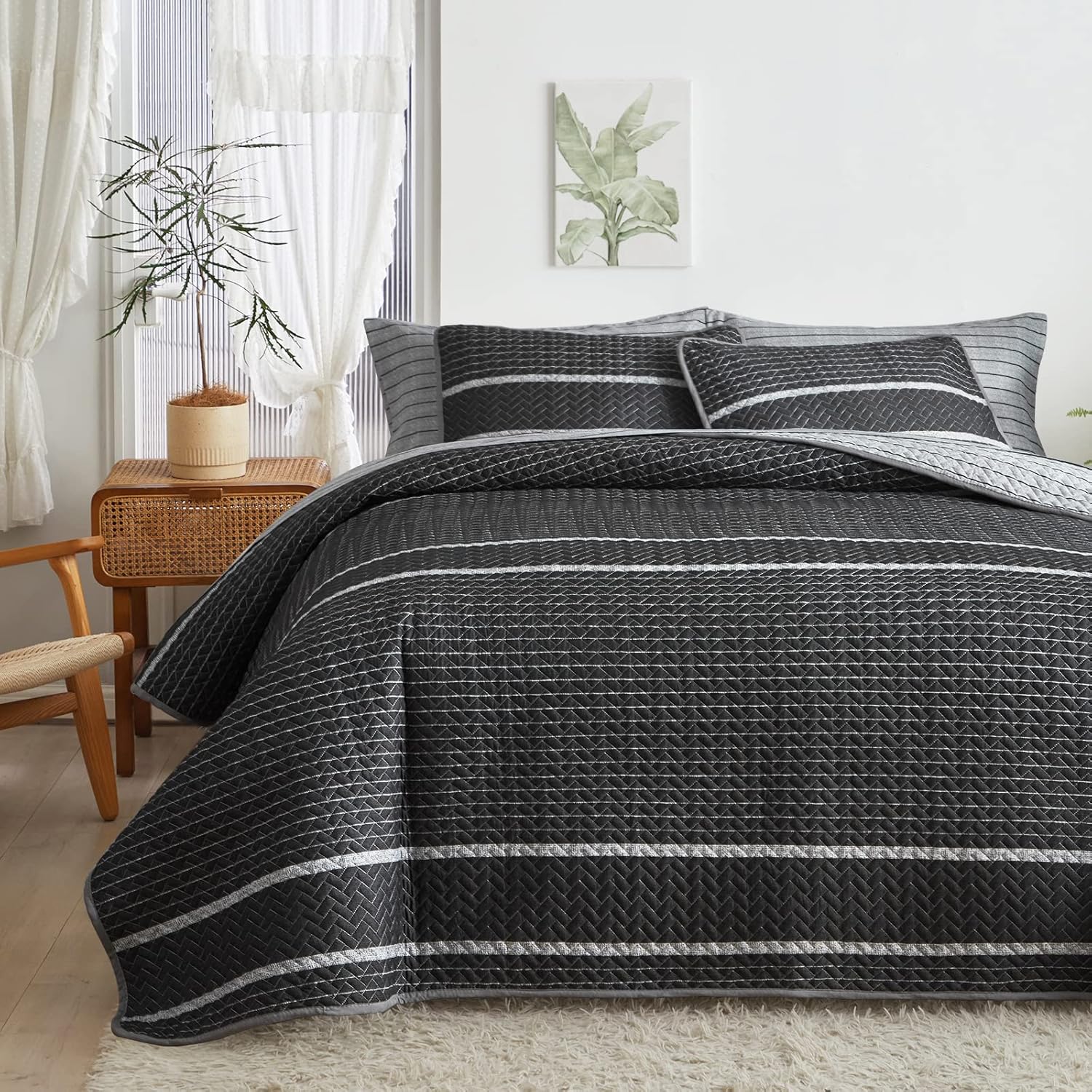 Flysheep Dark Grey Boho Quilt Set King Size 3 Pcs