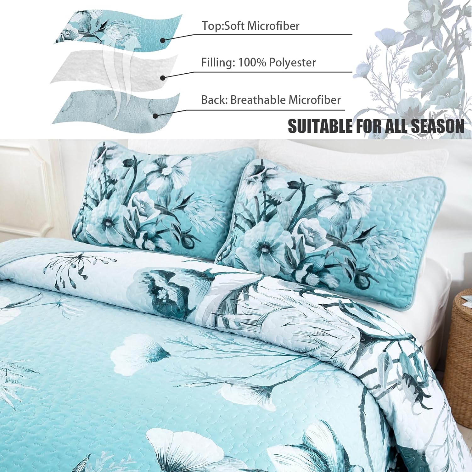 Drucon Blue Floral Quilt Set 3 Piece King Size