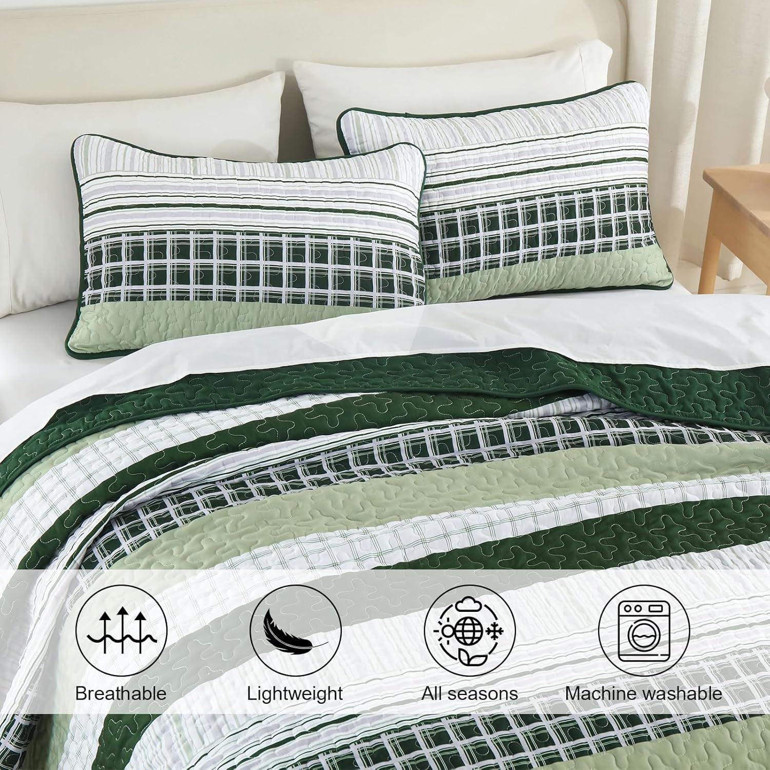 DJY Striped Quilt Set Queen Size 3 Pieces Microfiber Bedding Set