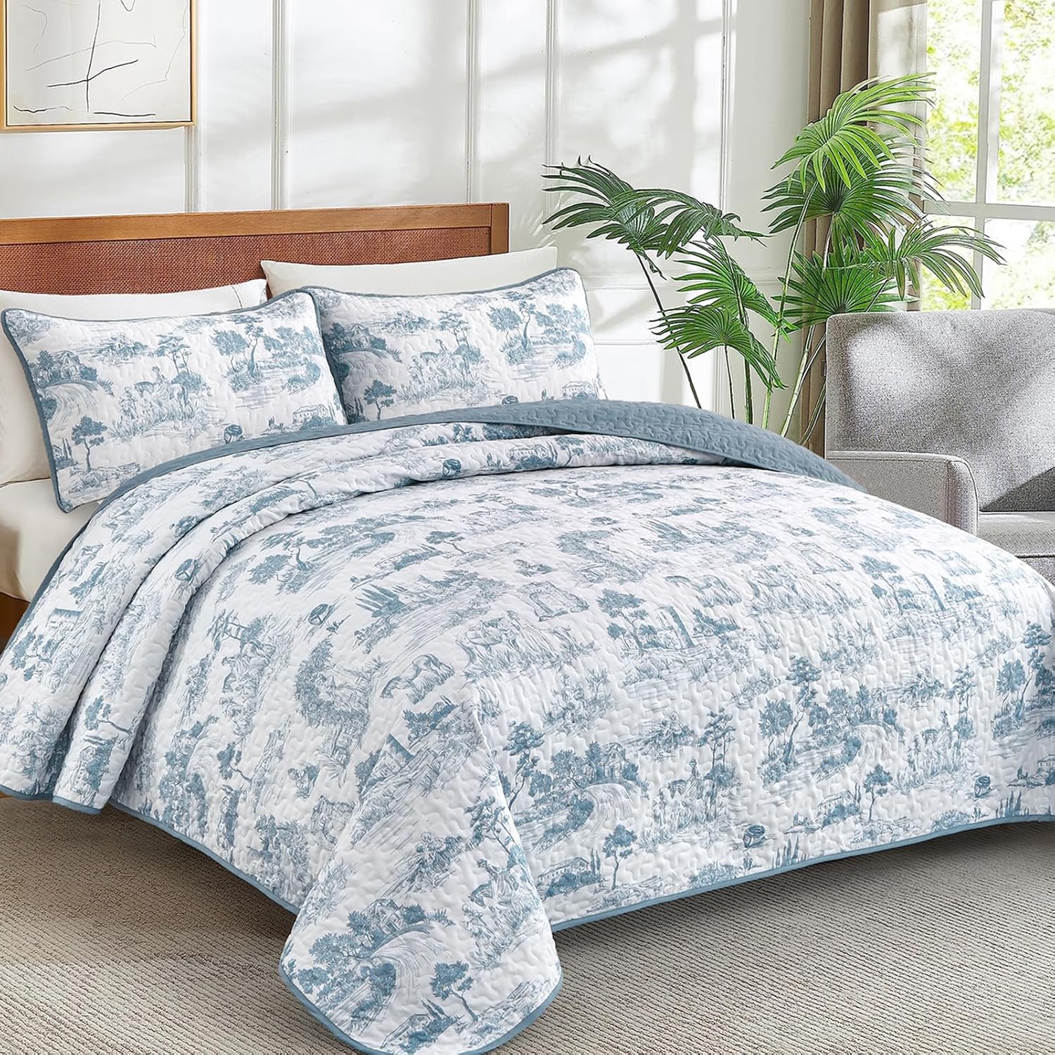 Drucon Blue Quilt Set King Size 3 Pieces Farmhouse Design