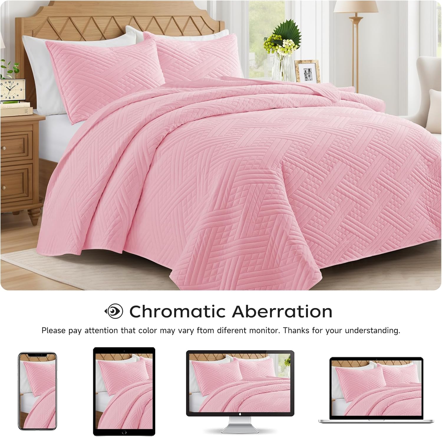 Lavsiry Pink Striped Quilt Set for California King Bed