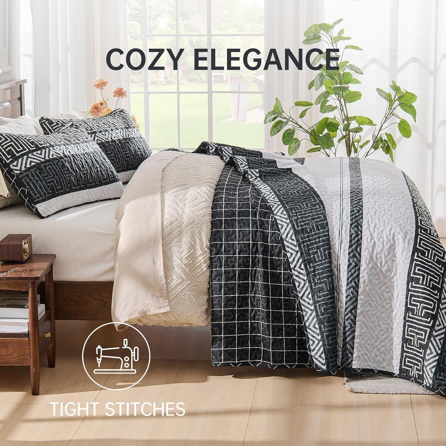 DJY Striped Quilt Set King Size 3 Pcs Black White