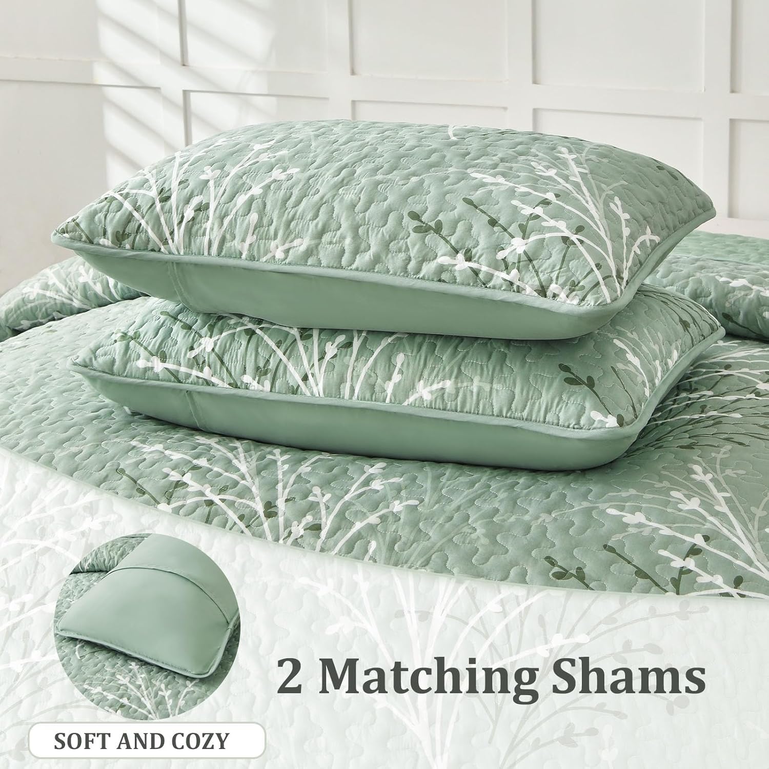 DJY Sage Green Botanical Quilt Set Twin Size