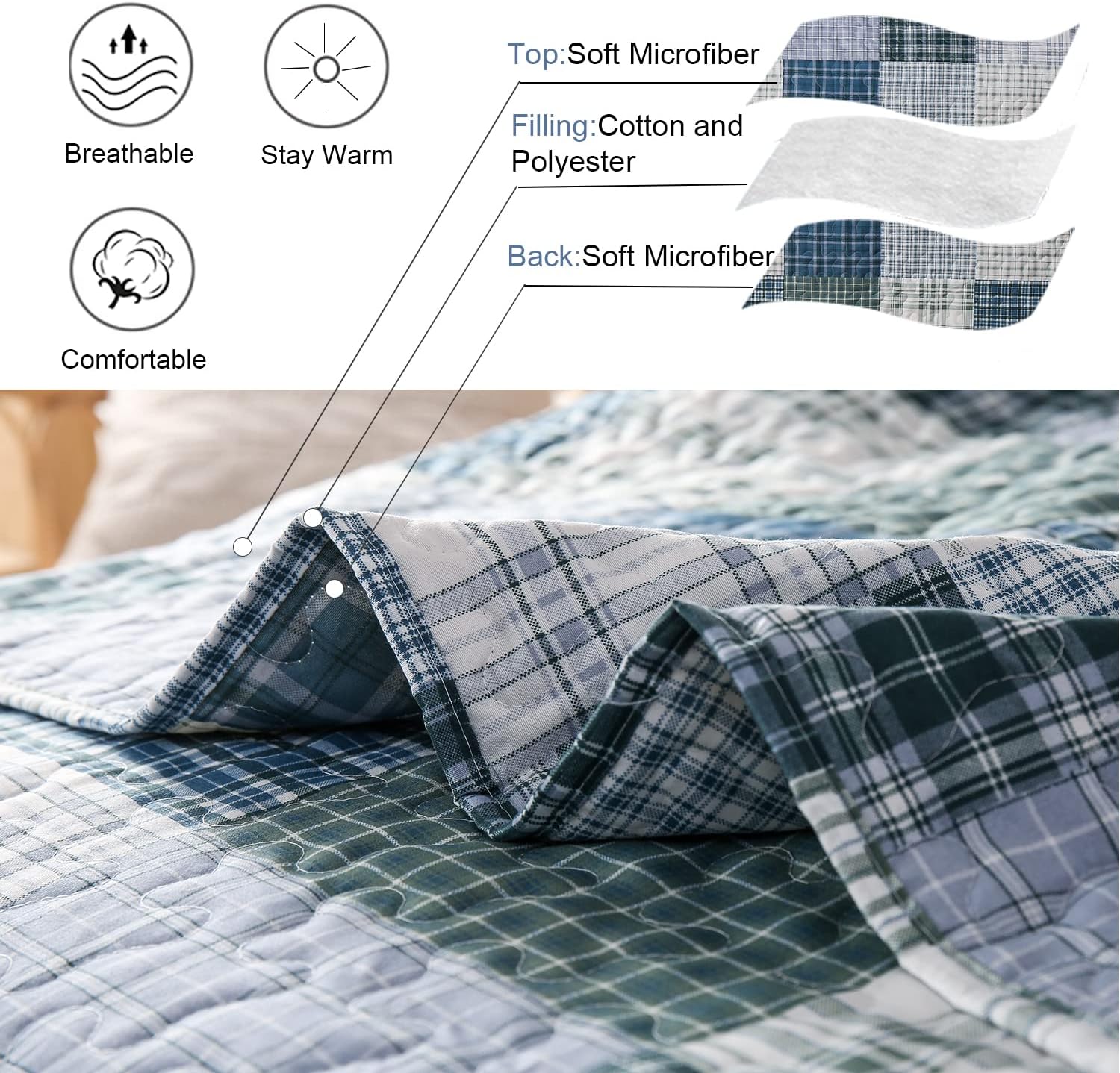 Ycosy Plaid Quilt Set Twin Size Reversible Bedspread