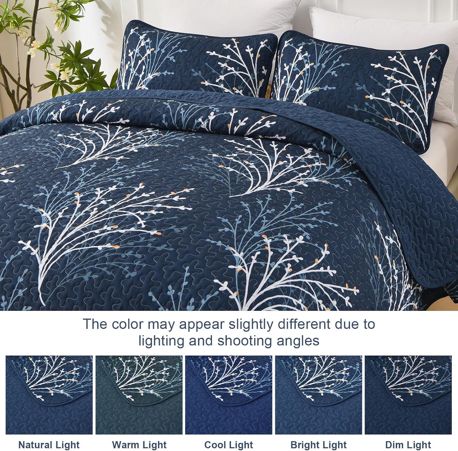 Navy Queen Quilt Set with Reversible Floral Design