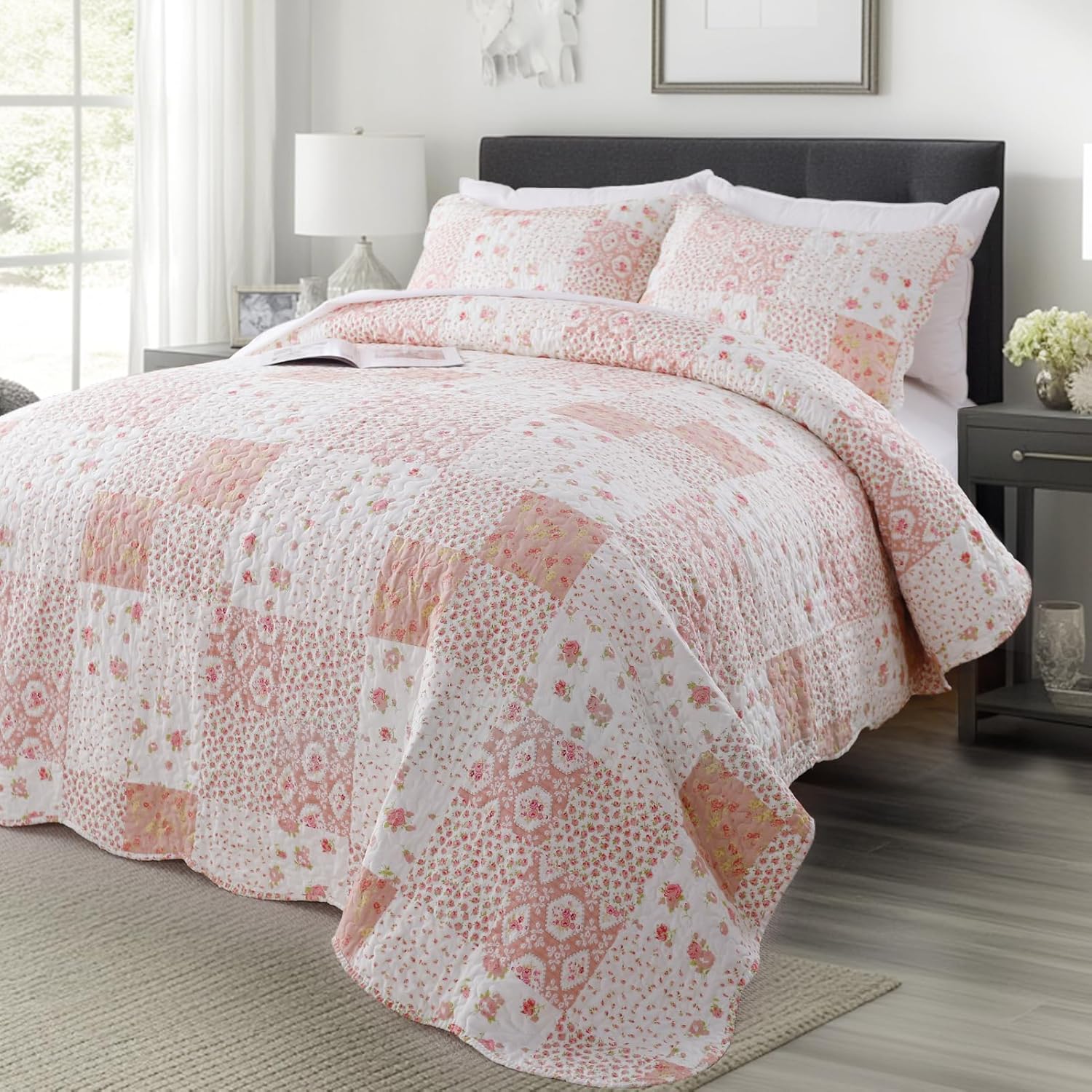 KASENTEX Twin Quilt Set 86x68 Pink Floral Patchwork