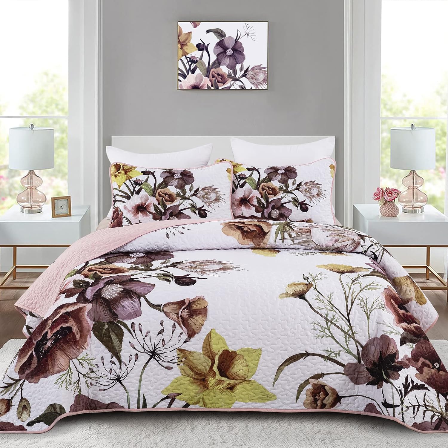 Drucon Floral Quilt Set Queen 3 Pieces