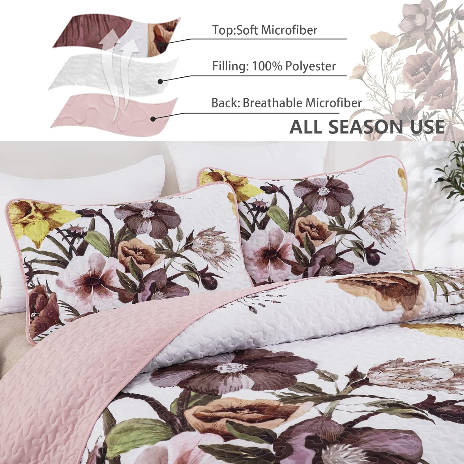 Drucon Floral Quilt Set Queen 3 Pieces