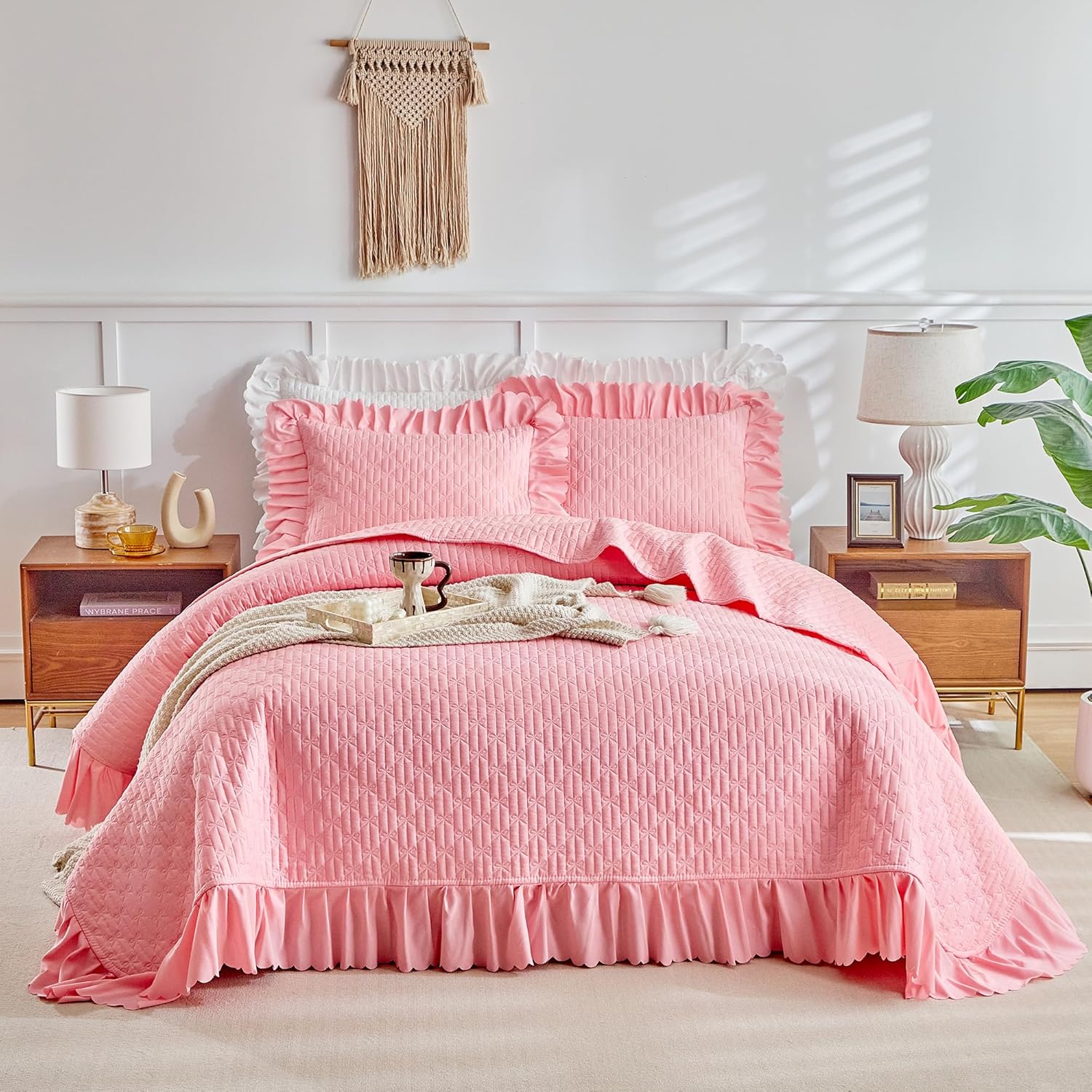 UOZZI Ruffled Quilt Bedding Set Queen 96x96