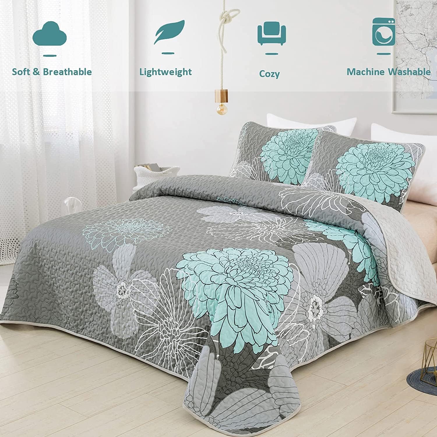 Yiran Grey Aqua Floral Queen Quilt Set 3pcs