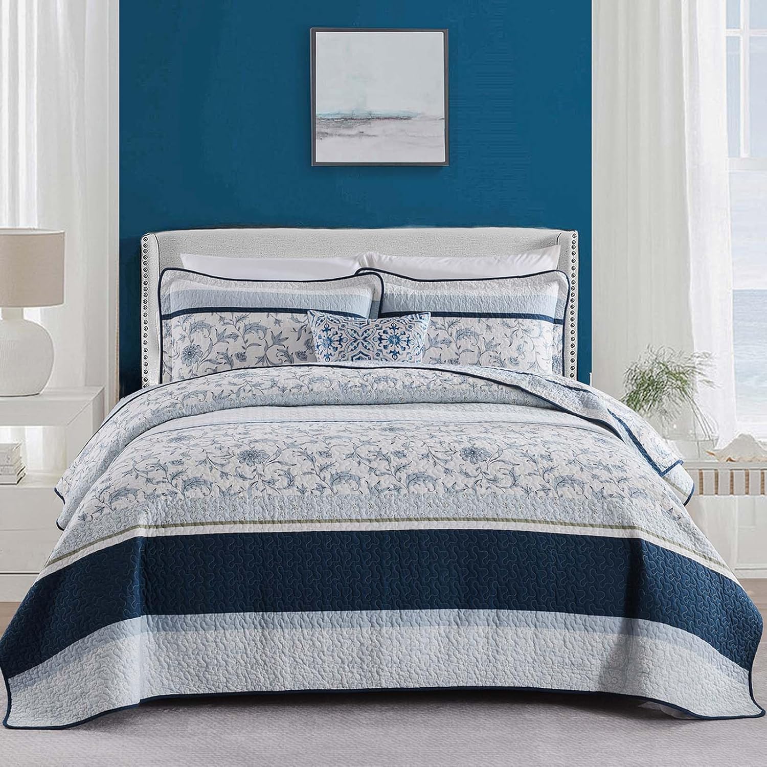DUOHONG 100 Cotton King Quilt Set 3pcs Navy Blue White