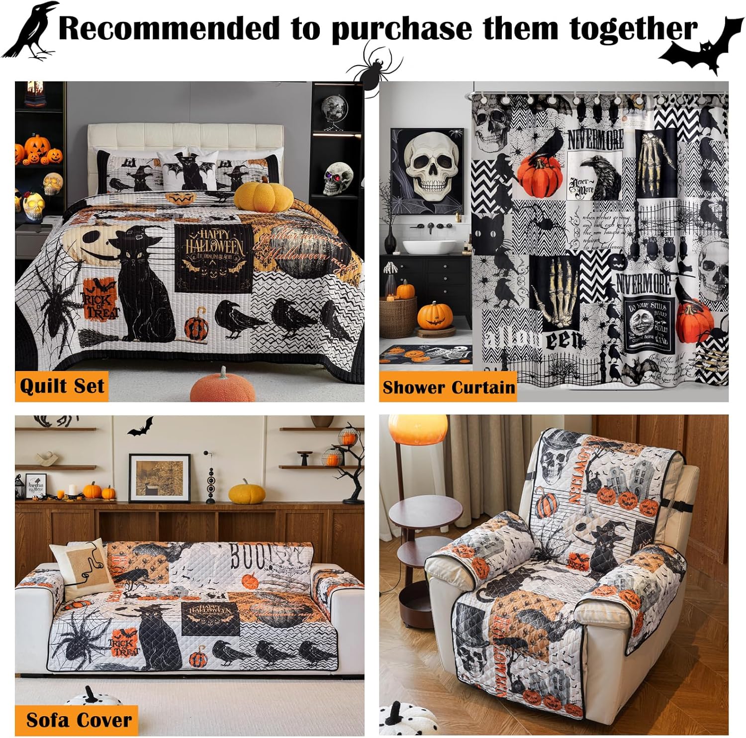 EVENHUG Halloween Queen Quilt Set with Pillow Shams 1