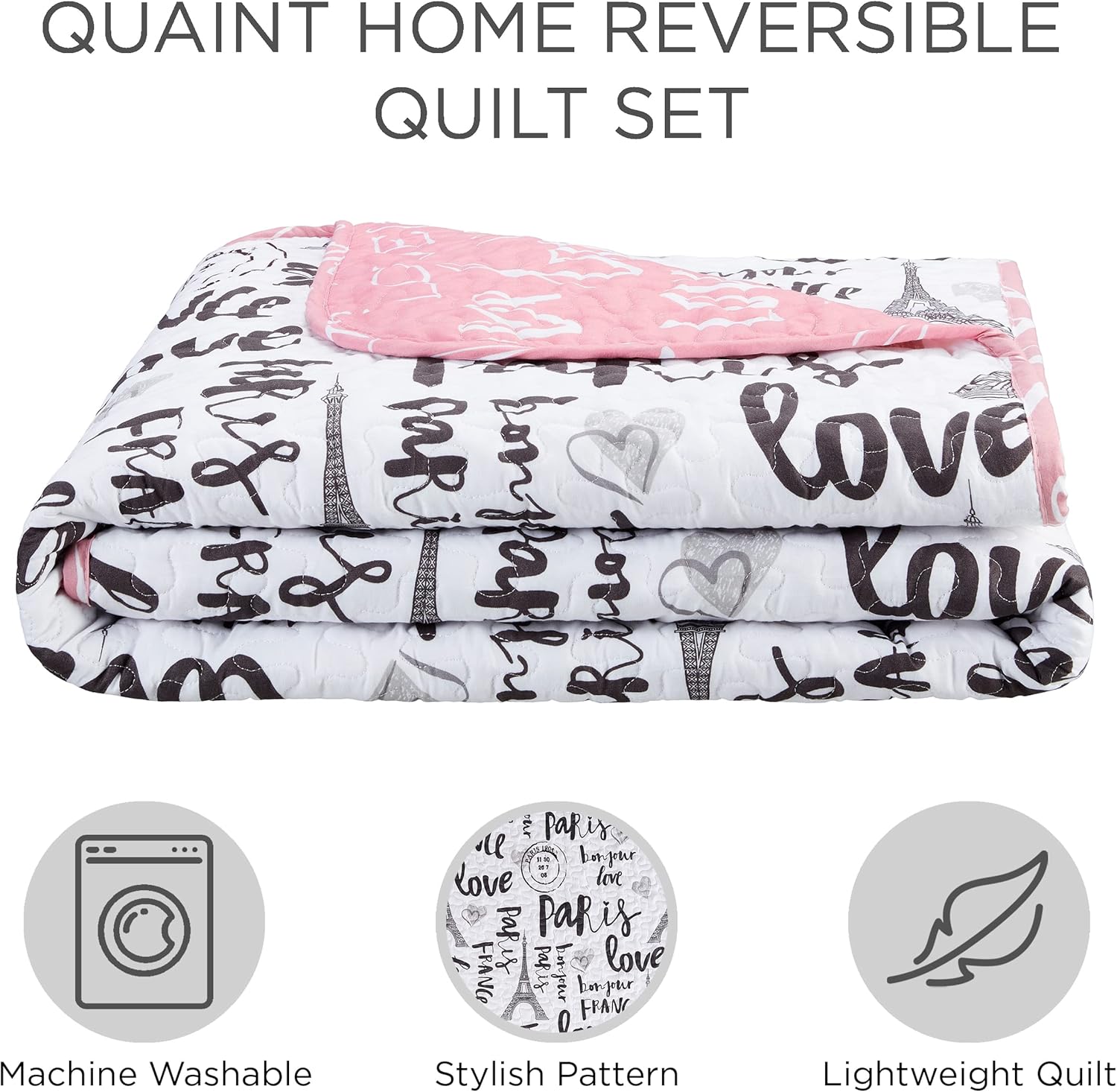 5-Piece Quilt Set King Bonjour Paris PinkWhiteBlack