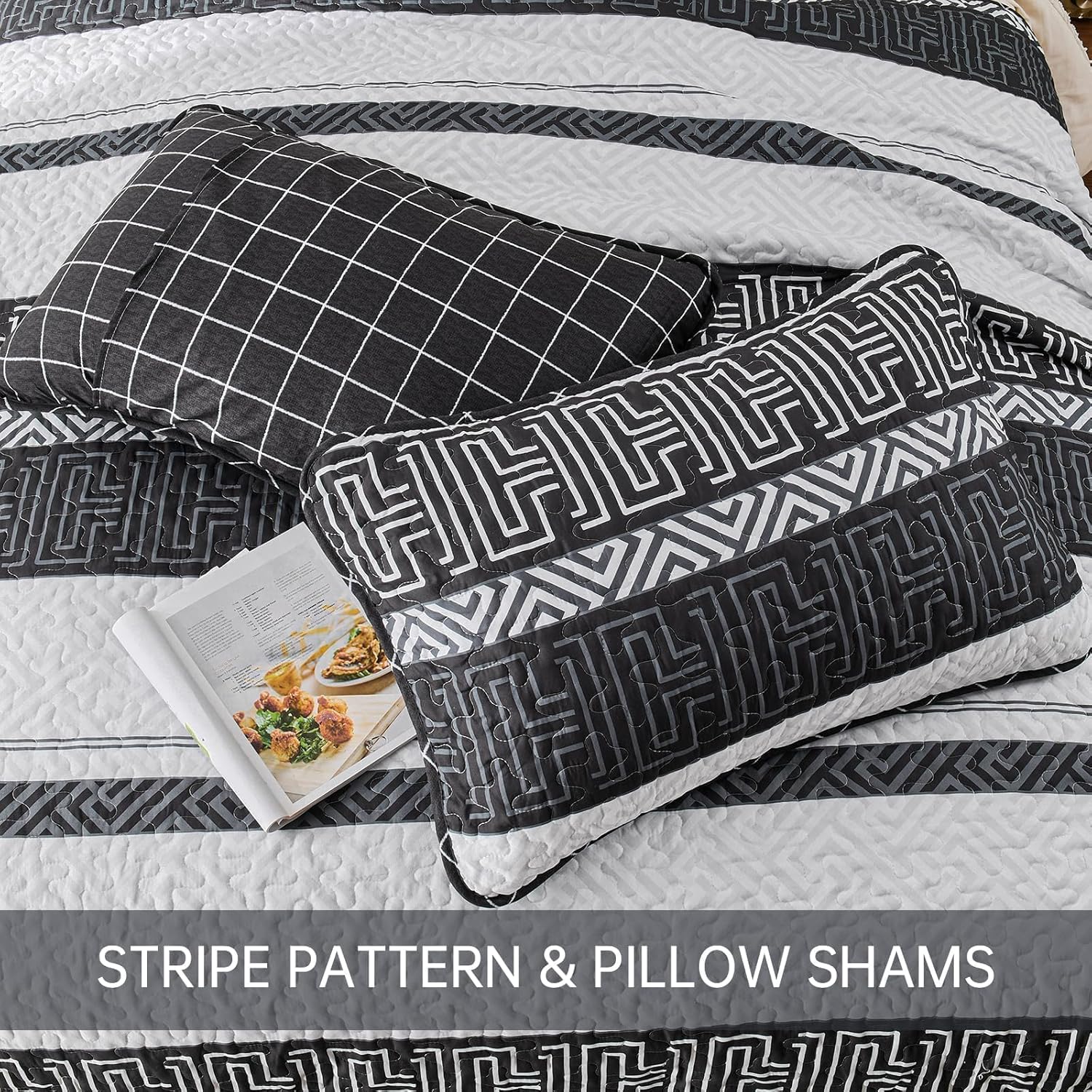 DJY Striped Quilt Set King Size 3 Pcs Black White