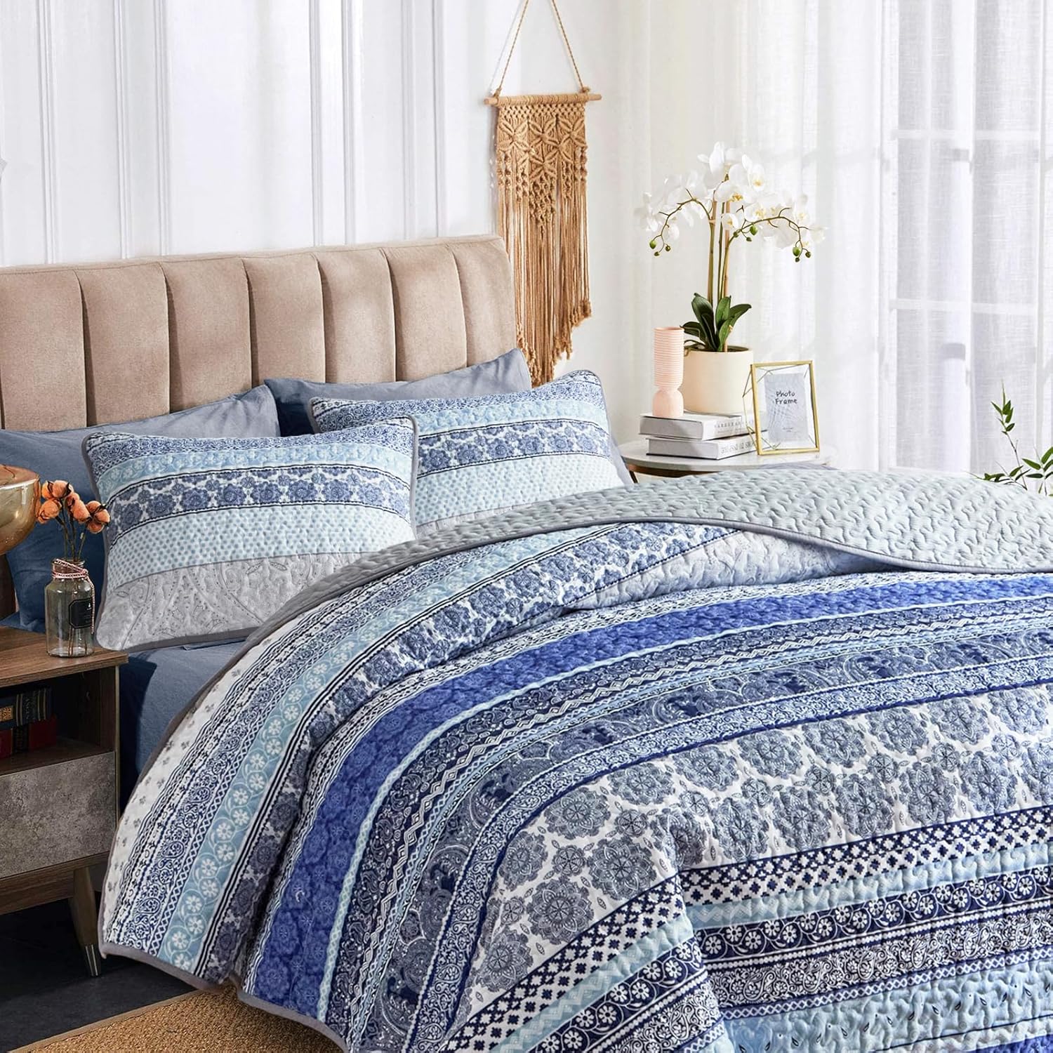 3 Piece Bohemian Quilt Set King Size Blue Grey Striped
