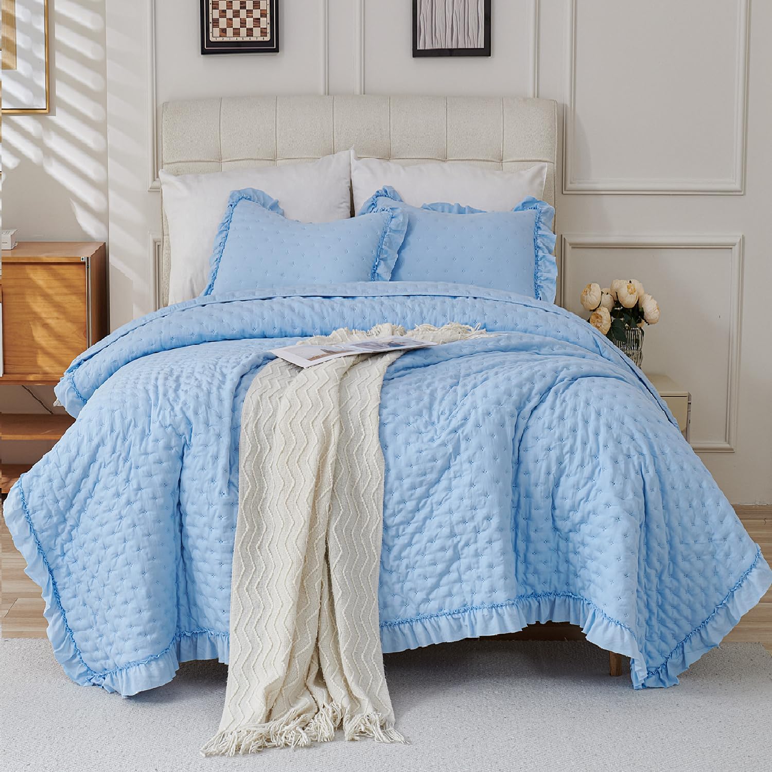 Cmfshape Bedding Set 3 Pieces Ultrasonic Quilt with Ruffled Edges