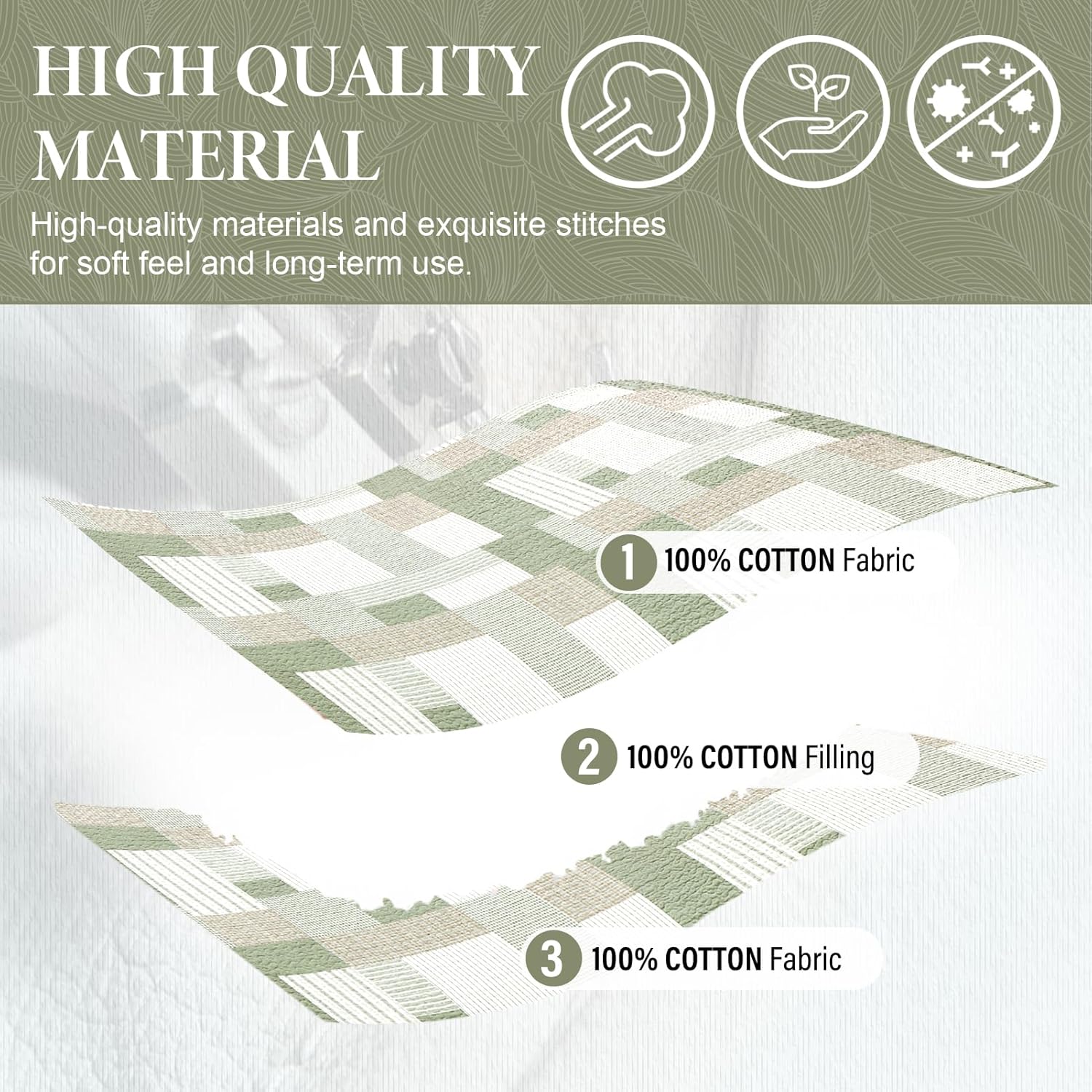 SahSahCasa Queen Size Quilt Set 3Pcs Green Brown