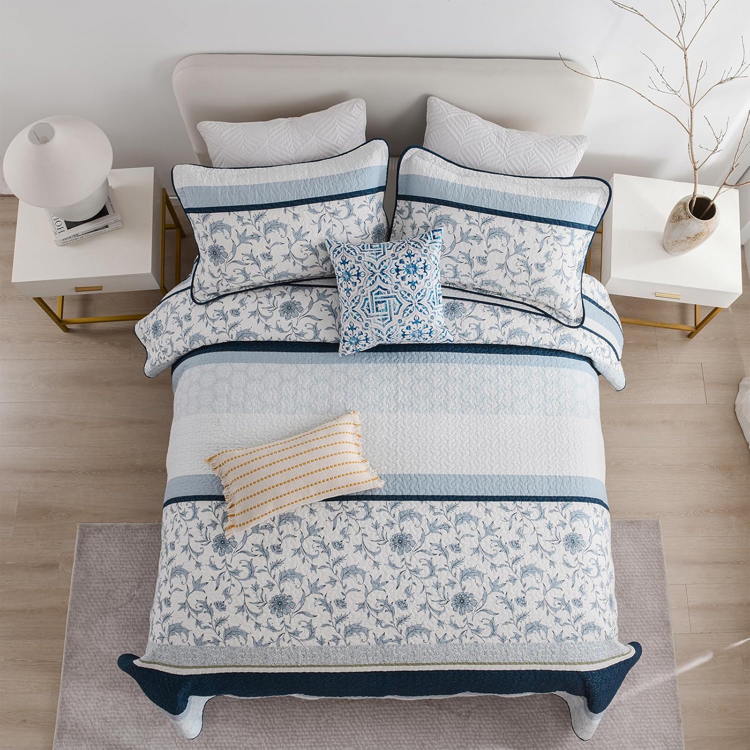 SOElinens Queen Size Quilt Set Navy Blue Floral