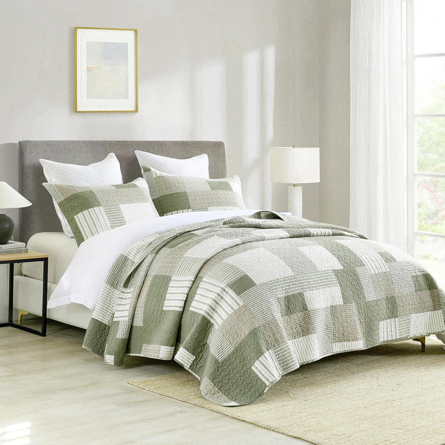 SahSahCasa Queen Size Quilt Set 3Pcs Green Brown